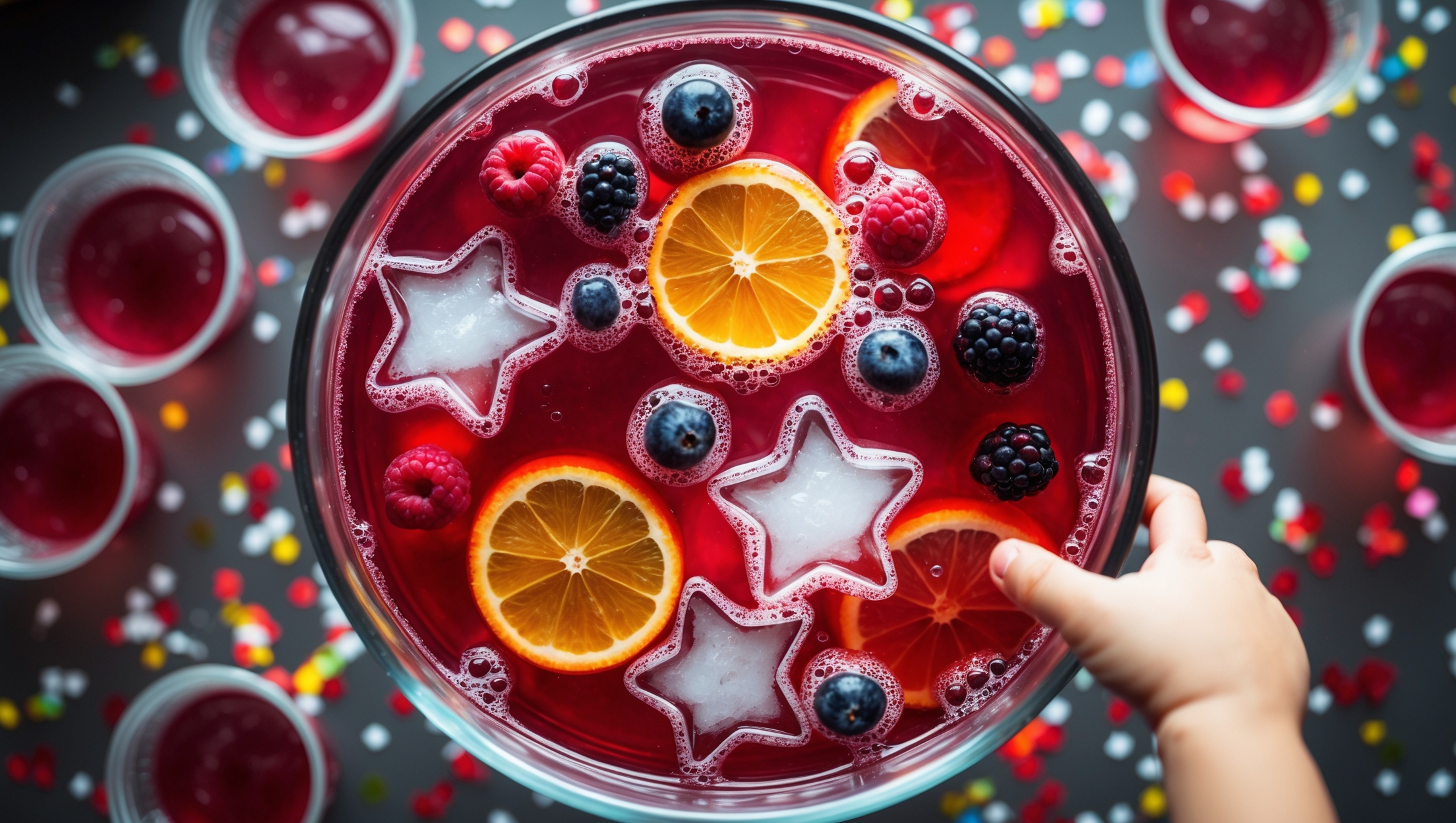 An overhead shot of a clear glass punch bowl filled with ruby-red punch, bubbles dancing on the surface caught in soft natural light. Floating citrus wheels and fresh berries create colorful contrast against the bright red liquid. Ice cubes shaped like stars slowly melt, creating beautiful ripples. The punch is surrounded by small clear plastic cups on a festive tablecloth sprinkled with confetti, while a child's hand reaches for a cup, suggesting the family-friendly nature of this refreshing drink.