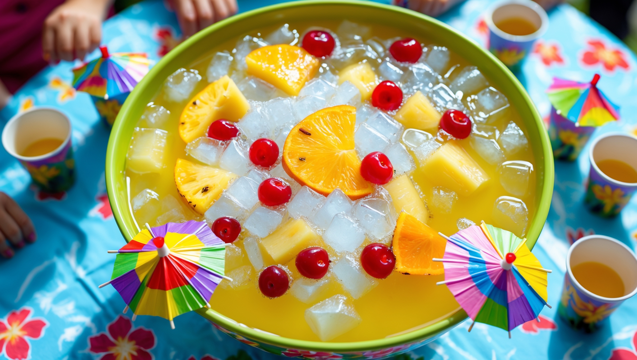 An overhead shot of a colorful punch bowl filled with bright yellow-orange liquid, where chunks of fresh pineapple, orange slices, and maraschino cherries float among ice cubes. Surrounding the punch bowl are small decorated tiki cups with colorful paper umbrellas and pineapple wedges on their rims. The scene is captured in bright natural daylight that makes the punch's colors pop against a light blue tablecloth decorated with hibiscus patterns. Small hands of children can be seen reaching for cups in the background, emphasizing the kid-friendly nature of this tropical celebration drink.