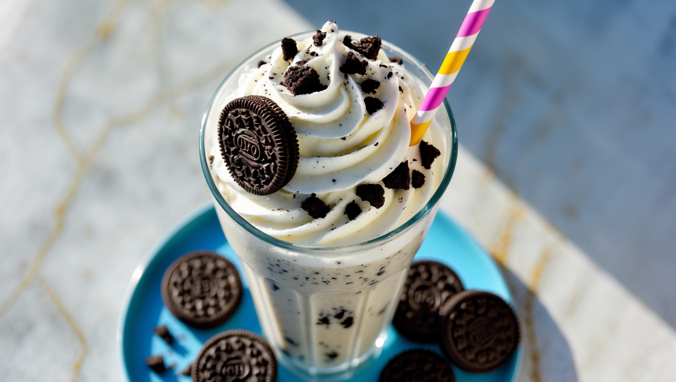 An overhead shot of a towering Kid-Friendly Oreo Milkshake in a clear milkshake glass under bright natural daylight. The glass reveals distinct layers of vanilla-speckled milkshake studded with Oreo cookie chunks. The top is crowned with a generous swirl of whipped cream dusted with crushed Oreo crumbs. A whole Oreo cookie and colorful striped paper straw peek out from the whipped cream. Condensation beads on the glass surface highlight the frosty temperature, while a small plate of additional Oreo cookies sits alongside the base of the glass on a light marble countertop, creating visual texture and depth.