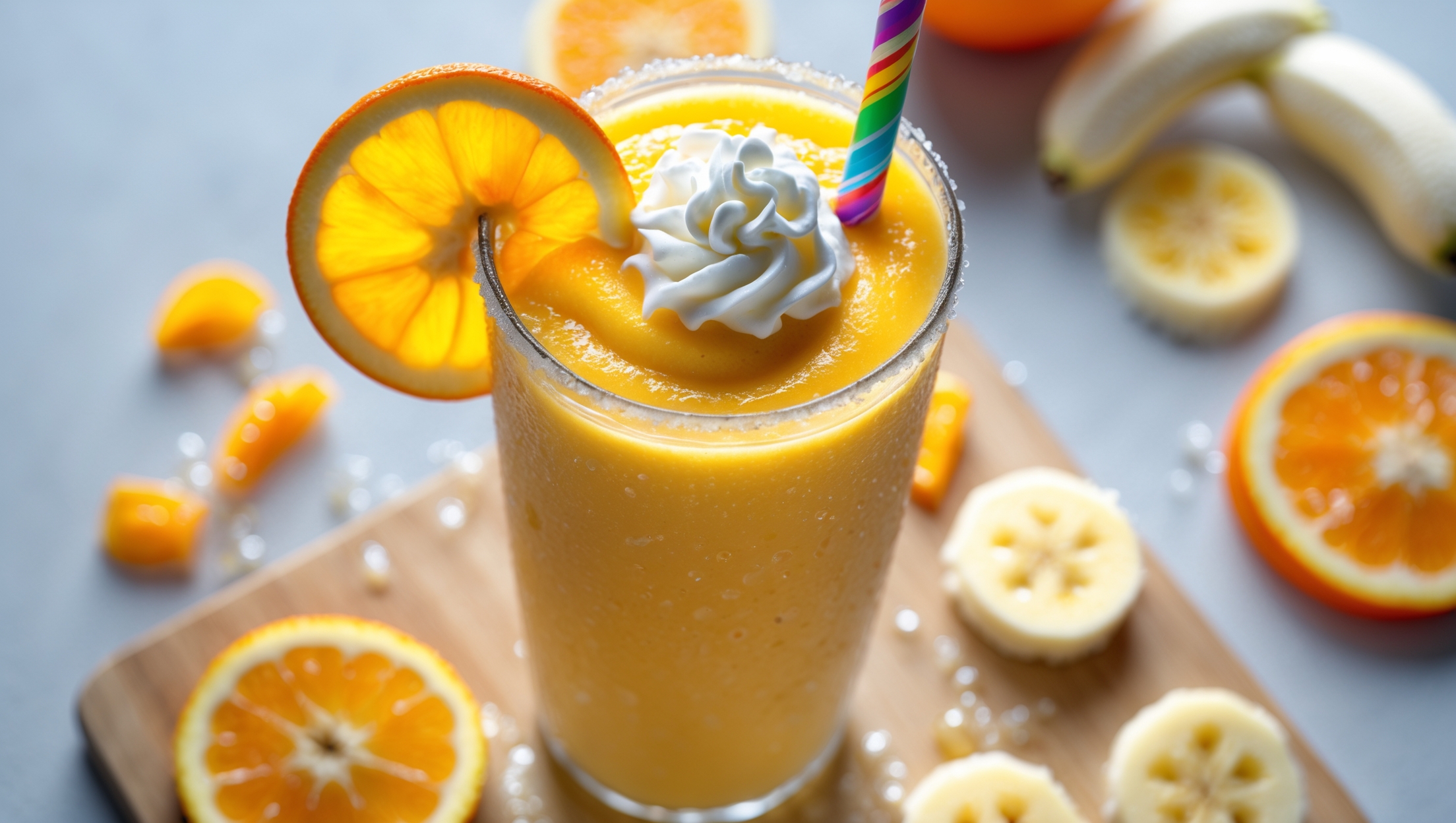 An overhead shot of a tall, frosted glass filled with a sunny orange-yellow smoothie, showcasing its silky texture in bright natural daylight. The smoothie is topped with a small swirl of whipped cream and garnished with a thin orange wheel and banana slice positioned on the rim. A colorful paper straw stands in the glass, surrounded by scattered fresh orange segments and banana slices on a light wooden serving board. Condensation beads on the glass surface hint at the refreshing chill of this vibrant, kid-friendly beverage.