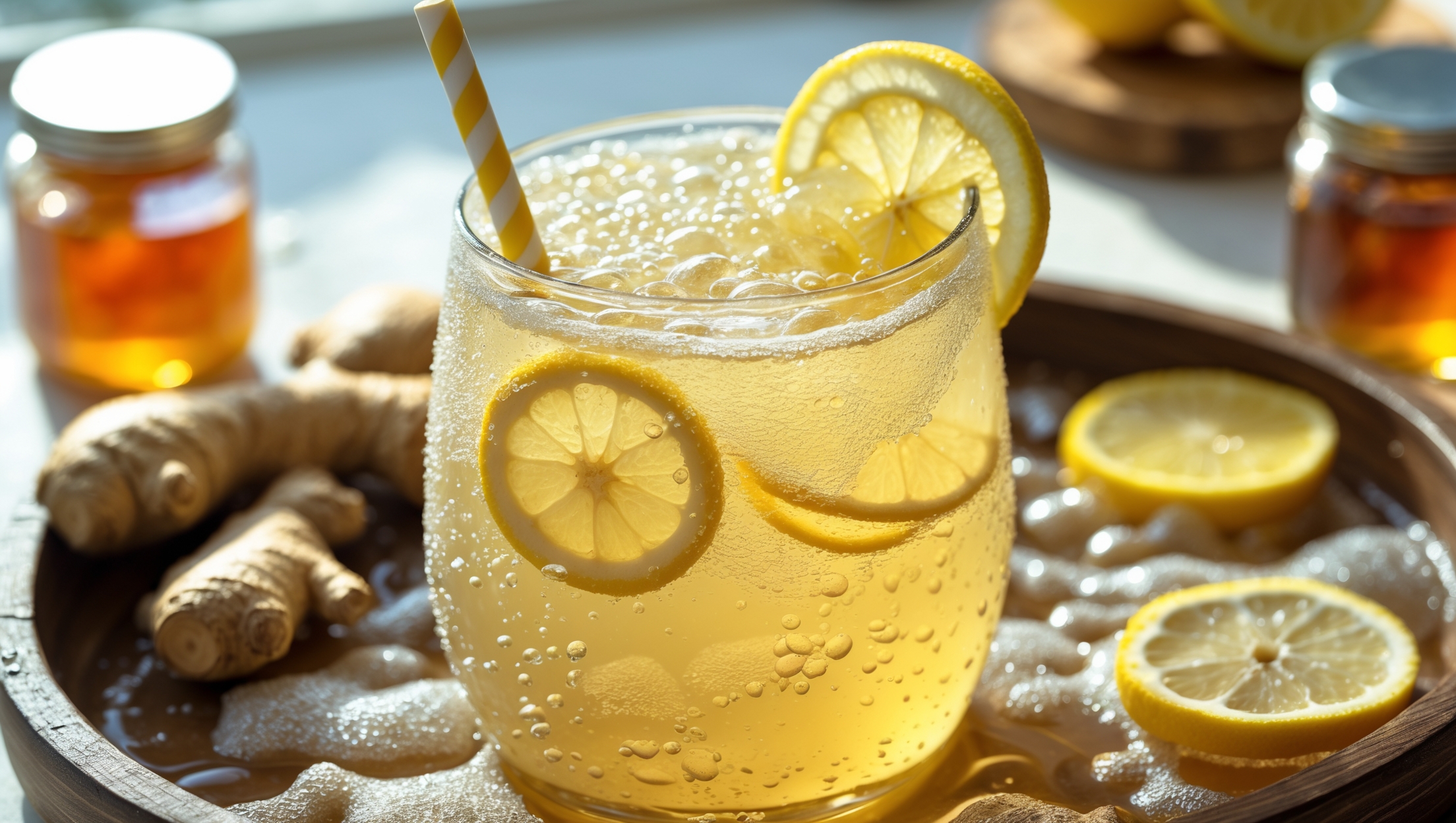 A clear glass tumbler filled with pale golden gingerade, capturing bubbles rising through layers of crushed ice in bright, natural daylight. The drink features thinly sliced ginger and lemon wheels floating inside, with a playful paper straw in yellow and white stripes. Small droplets of condensation cling to the outside of the glass, suggesting refreshing coolness. The setup includes a wooden serving tray with fresh ginger root, lemon slices, and small jars of honey in the background, creating a cheerful, kid-friendly beverage scene with vibrant citrus colors contrasting against the honey-gold drink.