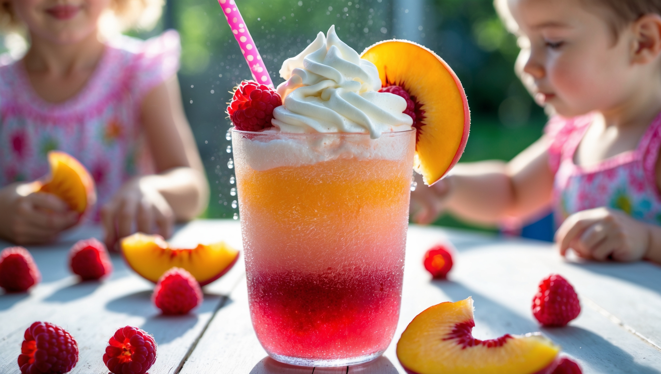 An overhead shot of a frosted glass tumbler filled with a vibrant gradient slushie that transitions from bright raspberry red at the bottom to peachy orange at the top. The drink is topped with a swirl of whipped cream and garnished with fresh raspberries and a peach slice perched on the rim. Condensation beads on the outside of the glass catch the bright natural daylight streaming through a window. A colorful paper straw stands in the glass, surrounded by scattered fresh raspberries and peach slices on a light wooden table. The background features blurred images of kids enjoying their slushies at a summer garden party.