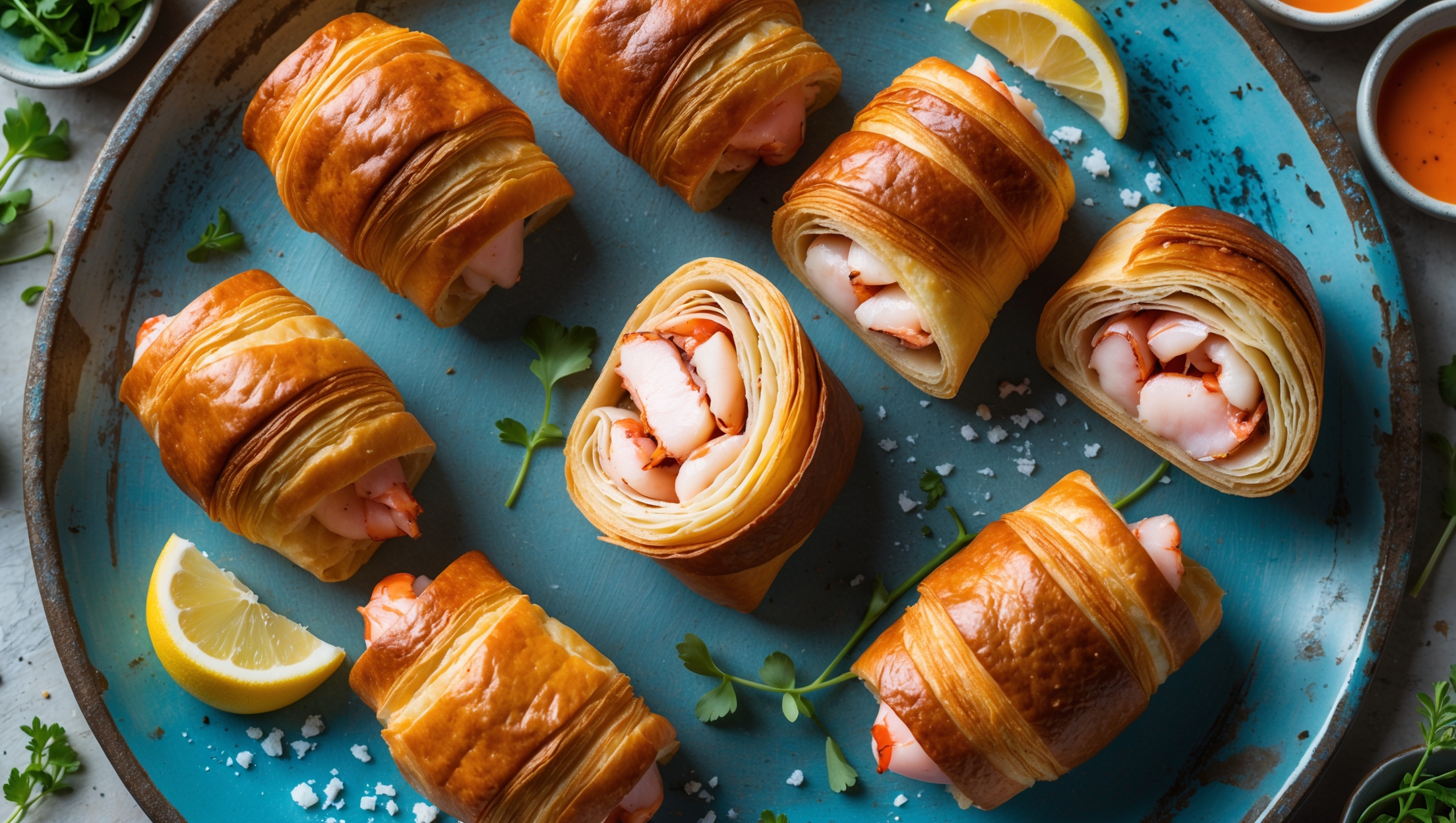 An overhead shot displays five golden-brown croissant lobster wraps arranged on a weathered blue ceramic platter, their flaky layers glistening in soft natural light. A cross-section view reveals the buttery pastry layers and pink lobster meat nestled inside. Scattered around are fresh herb garnishes, lemon wedges, and tiny bowls of dipping sauce. A sprinkle of flaky sea salt catches the light on top of each wrap. The rich amber color of the pastry creates a striking contrast against the decorative ceramic plate, with a few micro herbs adding vibrant green accents to the composition.