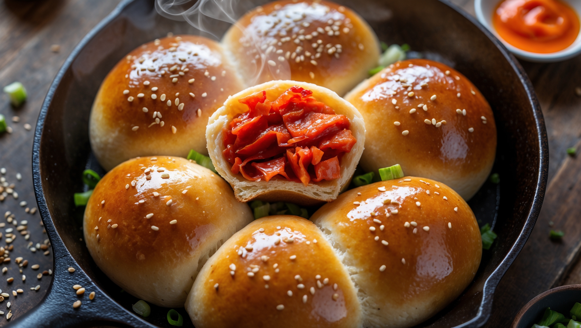 An overhead shot captures these glossy, golden-brown kimchi bread rolls arranged in a rustic cast-iron skillet, their tops lightly brushed with sesame oil creating a subtle sheen. A cross-section view reveals vibrant red-orange kimchi pieces folded throughout the soft, pillowy dough. Captured in warm natural light, the scene includes scattered sesame seeds, chopped green onions, and a small dish of gochujang butter melting slightly from the rolls' residual heat. Steam rises gently between the rolls, emphasizing their freshly-baked warmth, while the rich contrast between the bread's golden exterior and the bright kimchi specks demonstrates the perfect marriage of Korean and Western baking traditions.