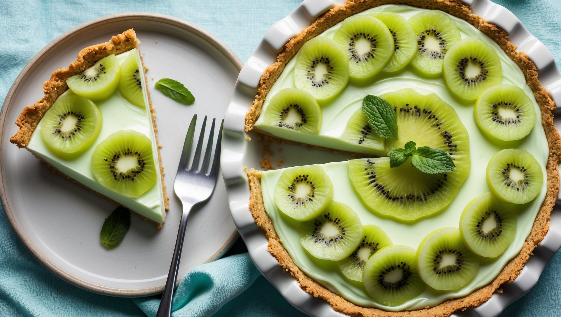 An overhead shot of a perfectly sliced kiwi lime pie, showcasing its layers of pale green lime filling crowned with precisely arranged translucent kiwi slices that glisten under soft natural light. The golden graham cracker crust provides a warm contrast to the vibrant greens, while lime zest and a few mint leaves garnish the top. The pie rests on a white ceramic pedestal against a light blue linen backdrop, with a wedge pulled slightly away revealing the smooth, creamy texture of the filling. A fork with a small bite sits nearby, suggesting the irresistible appeal of this tropical dessert.