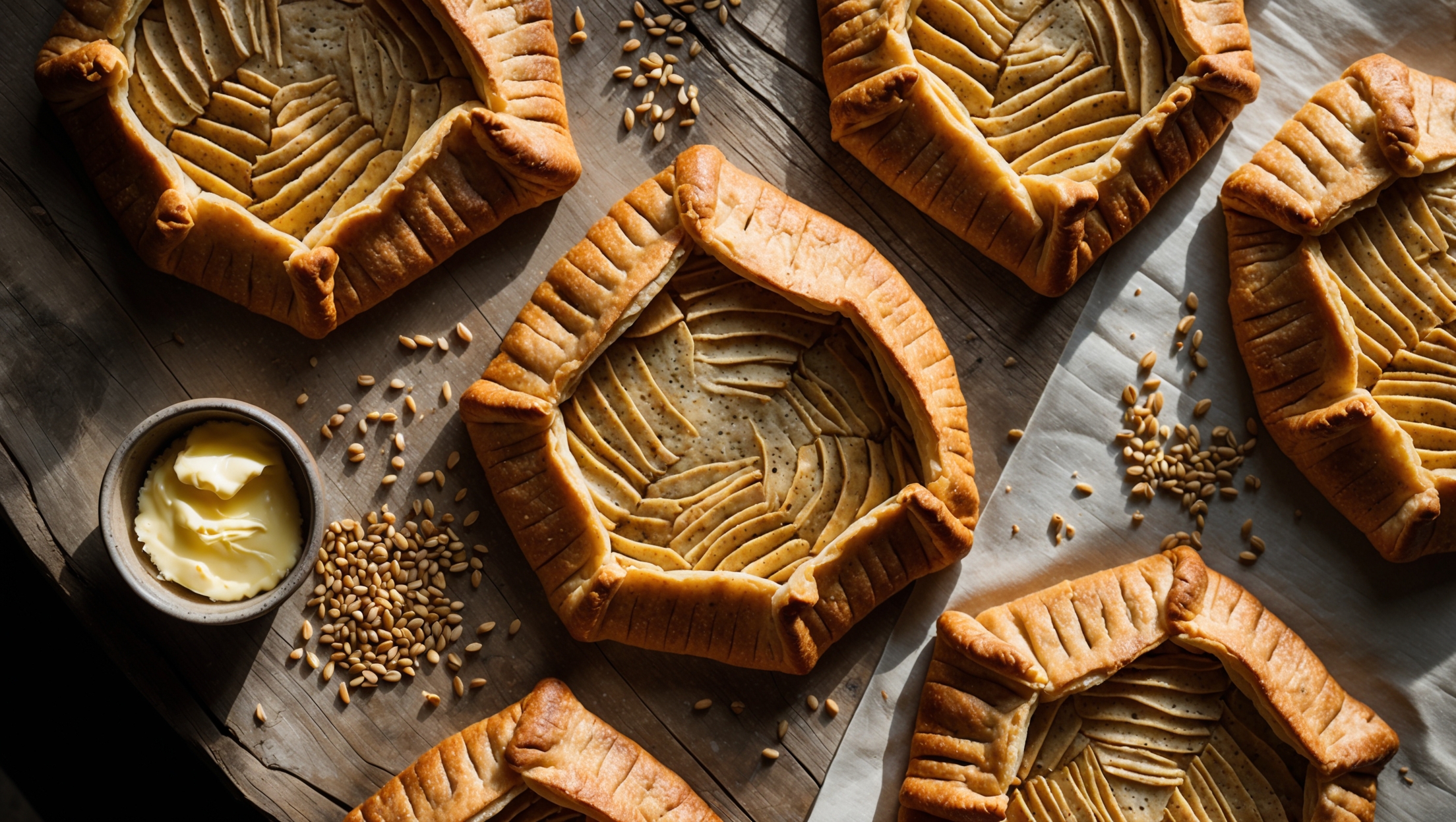 An overhead shot of rustic galettes arranged on a weathered wooden board, capturing the golden-brown ancient grain crust with its signature flaky, layered texture. Soft natural light streams across the scene, highlighting the irregular, hand-formed edges where the butter has created distinct layers. A close-up reveals the remarkable lamination patterns within the crust's cross-section, while scattered grains of farro and amaranth provide context for the ancient grain blend. A small ceramic dish of the koji-fermented butter sits nearby, its creamy, slightly speckled appearance suggesting its complex fermentation. The color palette features warm ambers, toasty browns, and subtle cream tones that emphasize the rustic, artisanal quality of these deeply flavored pastries.