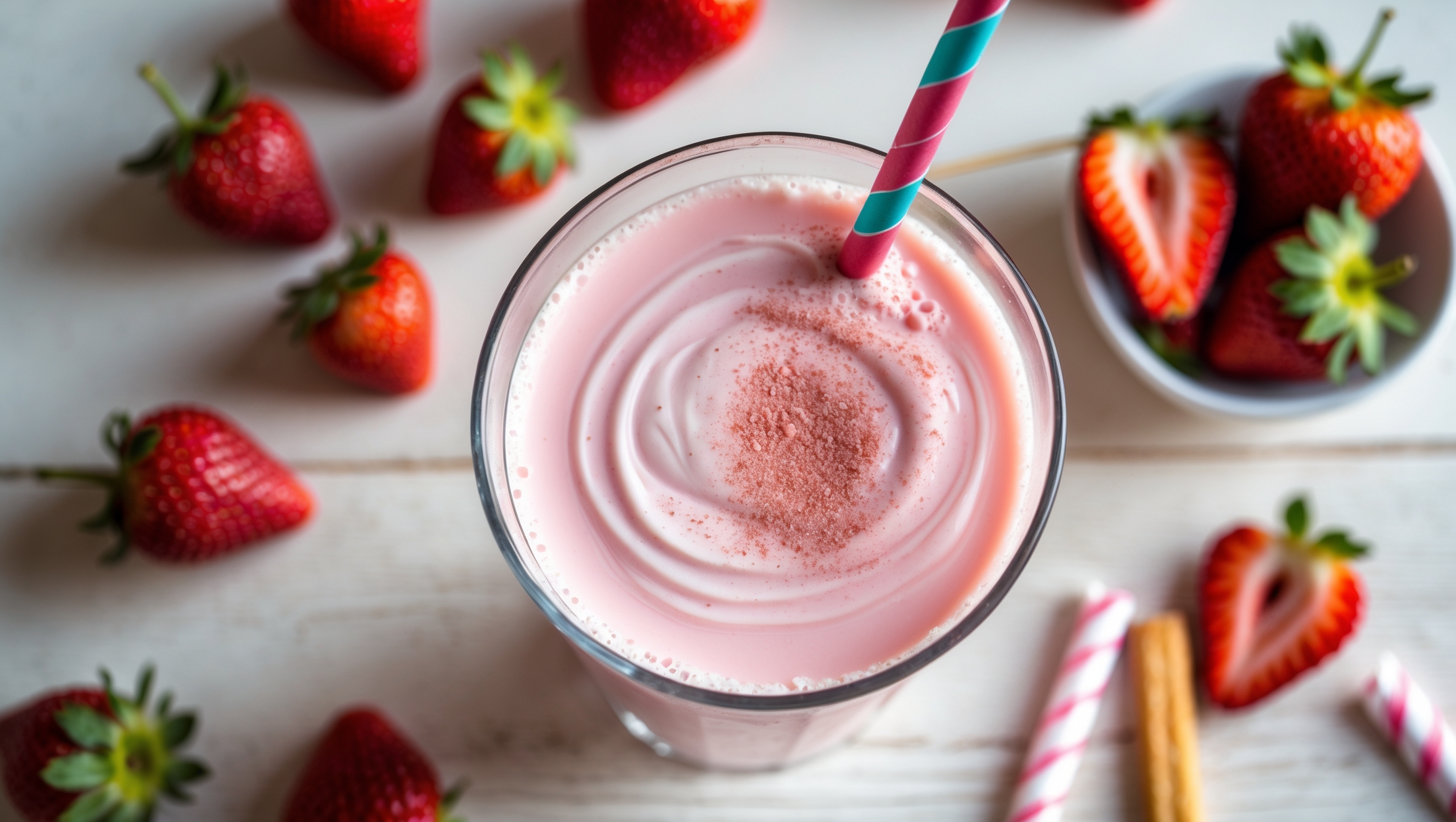 An overhead shot of a tall, clear glass filled with pastel pink strawberry milk, showing silky swirls and microbubbles from thorough frothing. Bright natural daylight illuminates the drink from the side, highlighting its creamy texture. The glass sits on a light wooden table adorned with scattered fresh strawberries—some whole with bright green tops, others sliced to reveal juicy interiors. A colorful striped paper straw stands in the glass, and a small dish of strawberry cookie straws sits alongside. A light dusting of freeze-dried strawberry powder decorates the milk's surface, creating a professional finish that appeals to both children and adults.