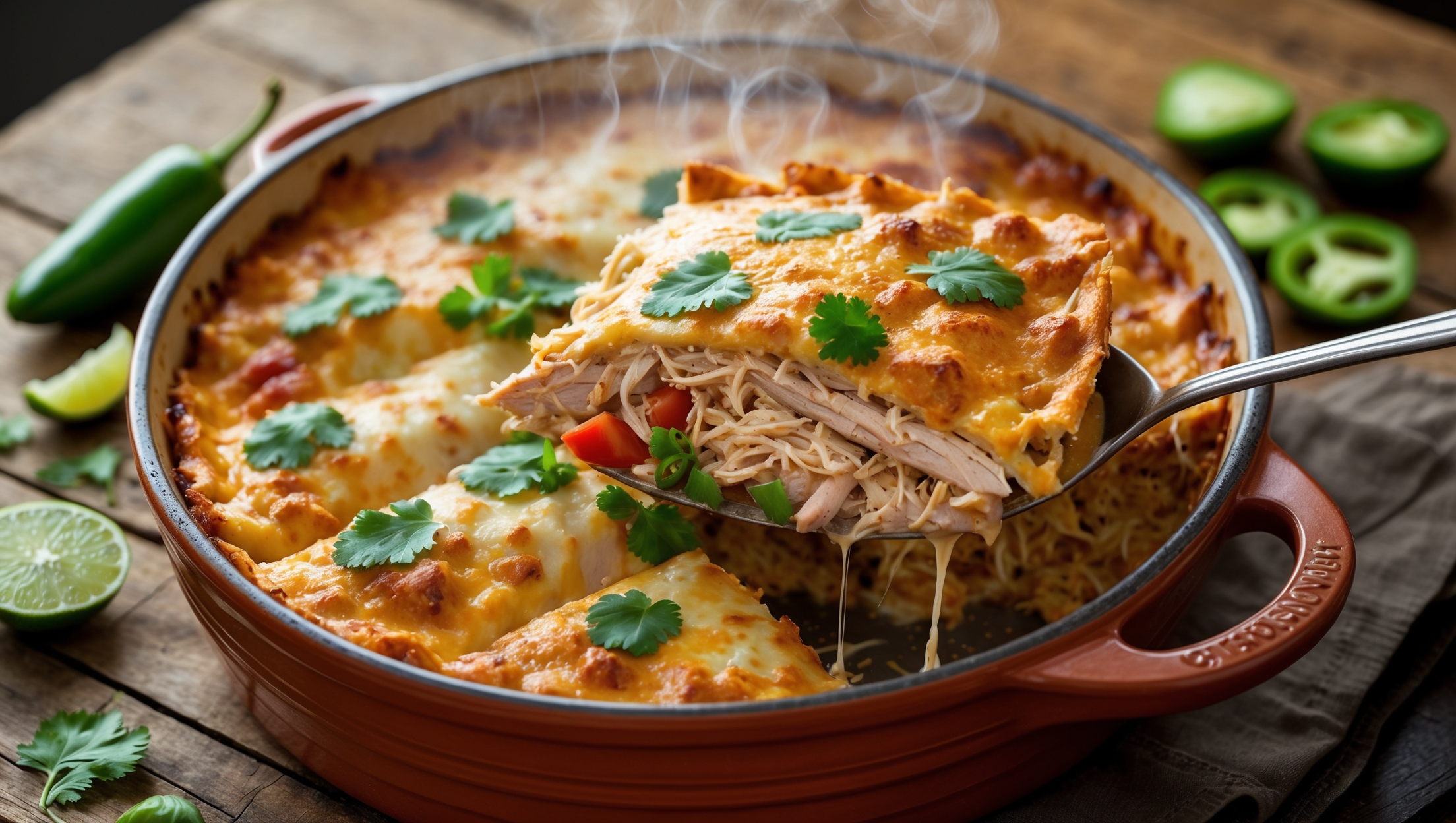 An overhead shot of the King Ranch Chicken Casserole fresh from the oven, showcasing its golden brown, bubbling cheese top with flecks of green cilantro. A large spoon lifts a generous portion, revealing the savory layers of tortillas, shredded chicken, and creamy sauce. The cross-section exposes the distinct stratification of ingredients, with vibrant red tomatoes and green peppers adding color contrast. Captured in warm, natural light that accentuates the steam rising from the dish, the casserole sits on a rustic wooden table alongside a scatter of fresh jalapeños and lime wedges. A terra cotta serving dish holds the casserole, emphasizing its Southwestern roots and homestyle appeal.
