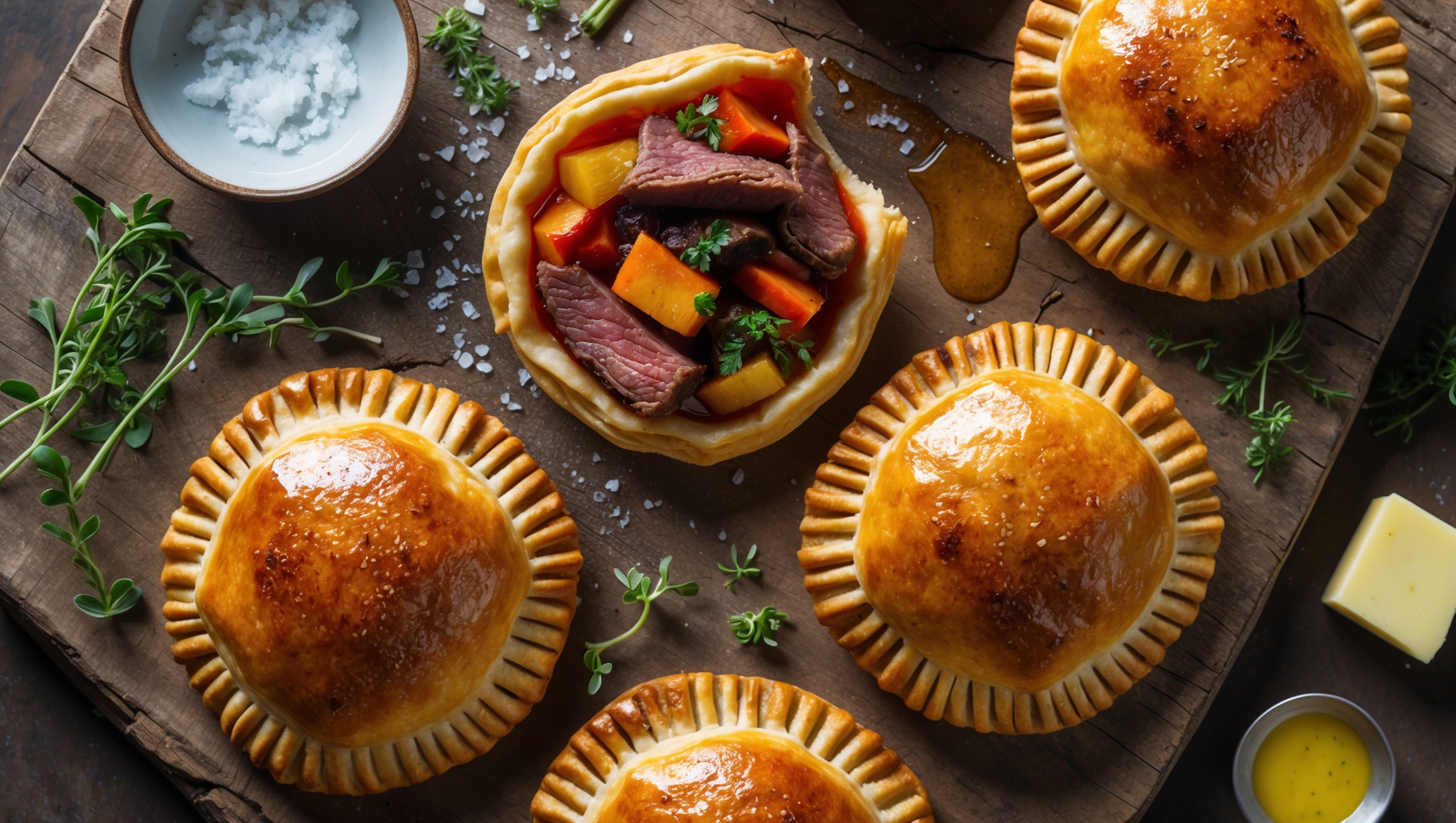 An overhead shot of golden-brown hand pies arranged on a rustic wooden board, with one pie cut open to reveal the succulent koji-aged beef and colorful fermented vegetables inside. The cross-section showcases the distinct layers of flaky pastry and rich filling, with a glossy egg wash finish that catches the soft natural light. Scattered around the board are sprigs of fresh herbs, a small dish of sea salt flakes, and a few whole fermented vegetables providing color contrast. A drizzle of bone marrow butter creates an appetizing sheen on the cut pie, highlighting the luxurious nature of this savory bake.