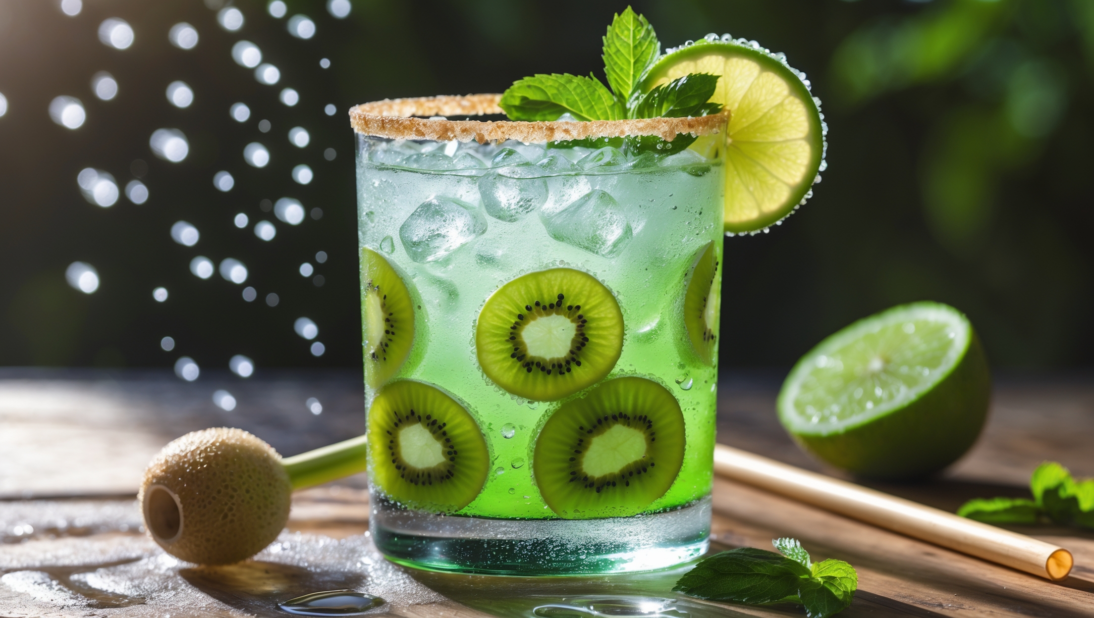 A high-ball glass filled with crushed ice and a vibrant green Kiwi Lime Spritz, photographed in bright natural daylight that highlights the drink's vivid lime-kiwi gradient. Fresh kiwi slices line the inside of the glass while a lime wheel and mint sprig garnish the rim. Tiny bubbles rise through the translucent green liquid, catching light as they ascend. A delicate sugar rim glistens along the top edge, with a bamboo straw and muddler resting nearby on a natural wooden surface. Droplets of condensation form on the outside of the glass, conveying the drink's refreshing chill.