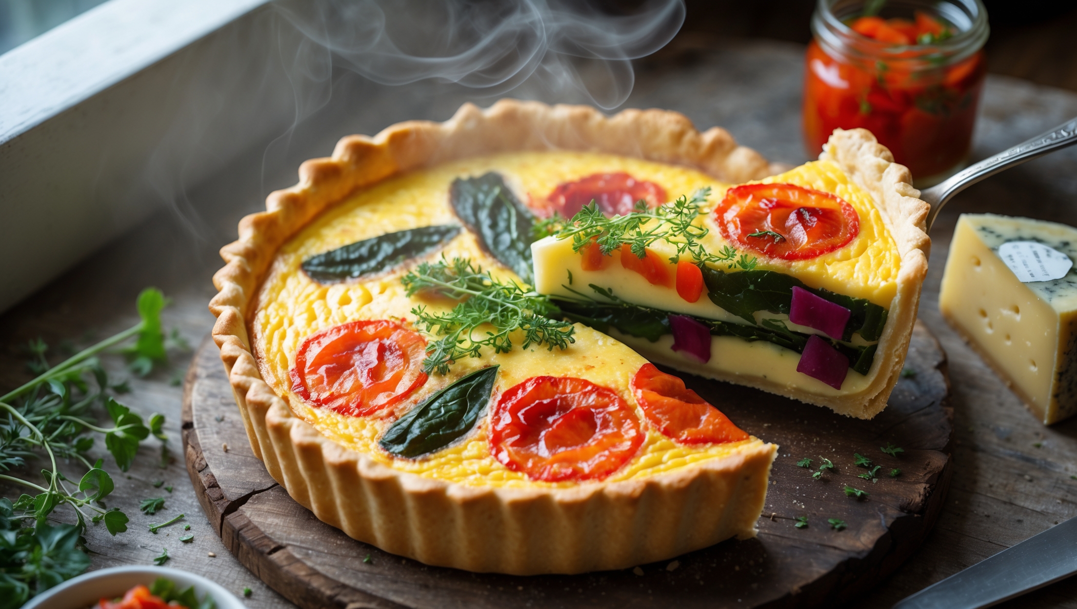 An overhead shot of the golden-brown quiche with a slice being lifted to reveal layers of koji-aged cheese and colorful fermented vegetables within a flaky crust. Soft natural light streams in from a side window, highlighting the savory custard's silky texture and the crisp pastry edge. The quiche rests on a rustic wooden board with scattered fresh herbs, a small jar of kimchi, and a wedge of aged cheese nearby. Steam gently rises from the cut slice, emphasizing its freshly baked warmth, while the various fermented vegetables create vibrant pops of color against the creamy filling.