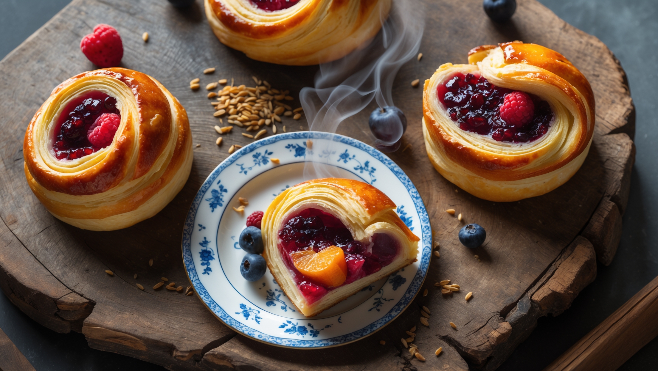 An overhead shot captures a circular arrangement of three Koji-Fermented Fruit Danishes on a weathered oak board, their caramelized tops glistening under soft morning light. A cross-section view reveals distinct flaky layers separated by butter, with pockets of koji-fermented seasonal fruits oozing slightly at the edges. Close-up details highlight the contrast between the golden-brown exterior and the creamy, fermented interior with vibrant fruit pieces. Scattered koji rice grains and a few fresh berries decorate the scene, while a vintage ceramic plate with delicate blue detailing holds a perfectly cut piece, showcasing the complex layering. Steam rises gently from the freshly baked pastry, suggesting warmth and irresistible aroma.