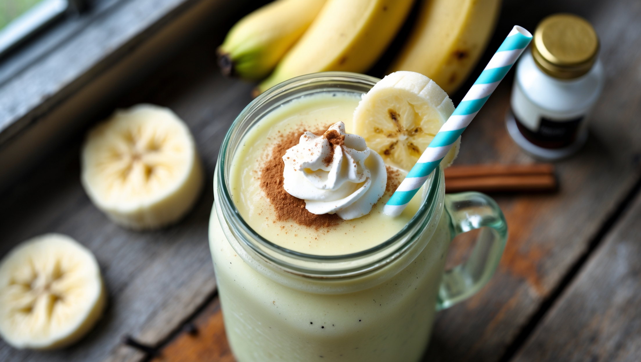 Overhead shot of a frosty Kid-Friendly Vanilla Banana Smoothie served in a colorful glass mason jar with a bright blue striped paper straw. Natural daylight streams in from a side window, highlighting the smooth, pale yellow texture with tiny vanilla bean specks throughout. The rim is adorned with a slice of fresh banana and a small dollop of whipped cream, while a dusting of cinnamon creates a warm contrast against the creamy surface. In the background, whole bananas and a small bottle of vanilla extract sit on a rustic wooden table, suggesting the fresh ingredients that went into this wholesome treat.