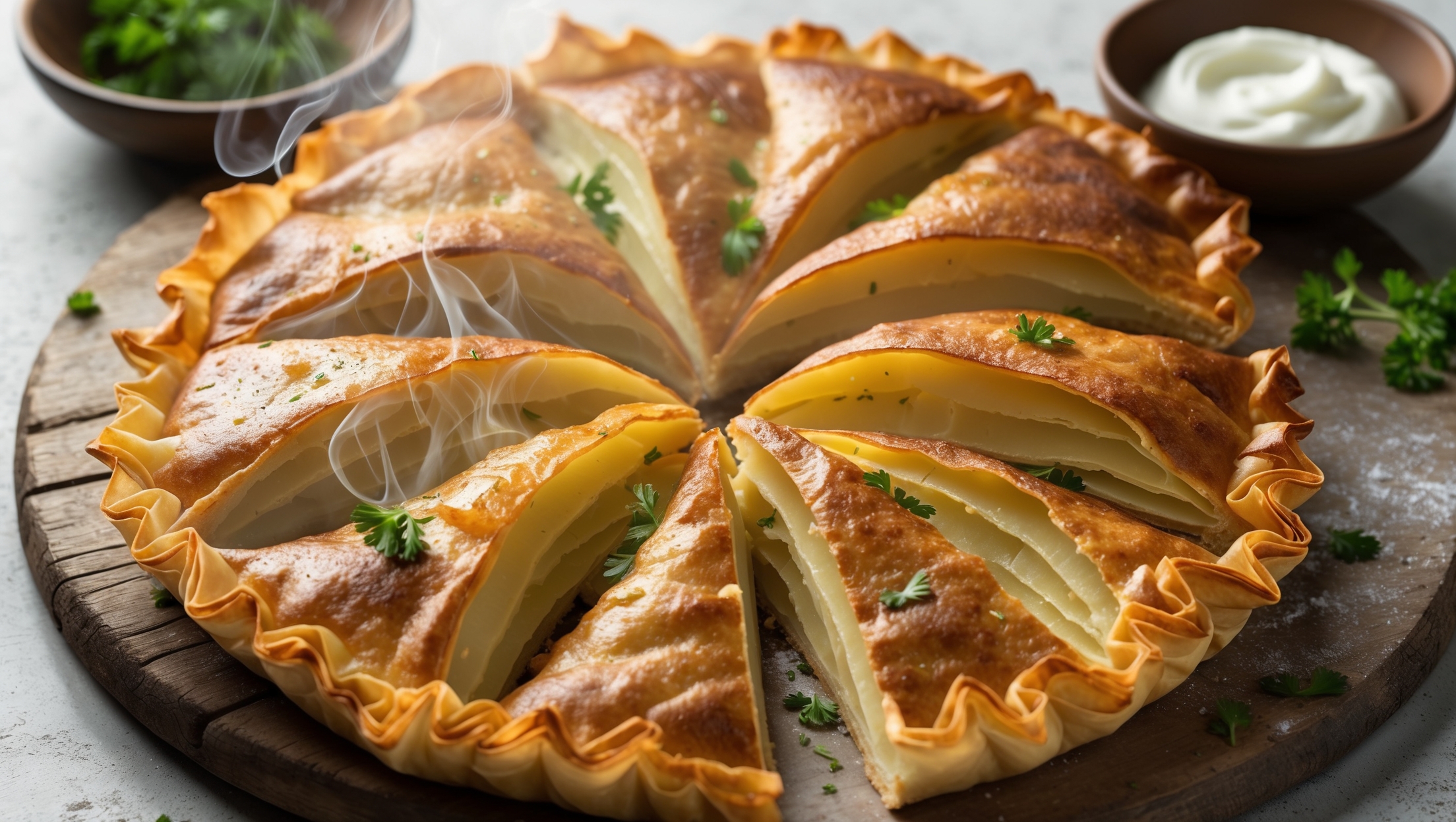 An overhead shot of a golden-brown Krompirusa, sliced to reveal its steaming interior where tender potato layers glisten with olive oil. The flaky phyllo crust exhibits a satisfying crispness along its beautifully crimped edges. Photographed in soft natural light on a rustic wooden board, the pie is garnished with a sprinkle of fresh parsley and accompanied by a small bowl of sour cream. The contrast between the golden exterior and the pale yellow potato filling creates visual intrigue, while wisps of steam suggest its straight-from-the-oven warmth.
