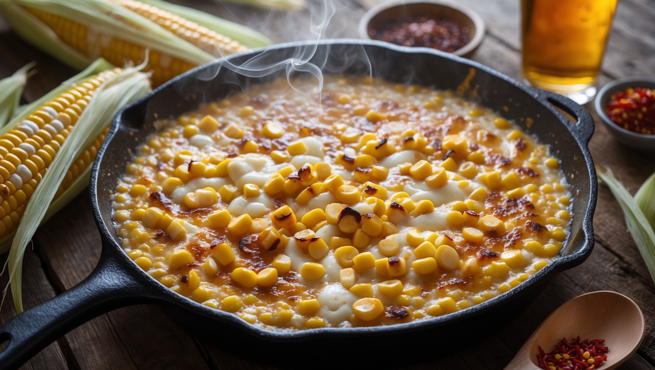 An overhead shot of a sizzling cast-iron skillet with Korean Corn Cheese bubbling at the edges, the surface a perfect golden-brown with patches of caramelized mozzarella. Steam rises gently from the dish, captured in soft natural light that highlights the individual corn kernels nestled in the creamy cheese matrix. A wooden serving spoon sits alongside, ready to scoop up the stretchy, melty mixture. The background features scattered fresh corn husks, a small dish of gochugaru (Korean chili flakes), and a glass of Korean beer, all arranged on a rustic wooden table that contrasts with the vibrant yellow of the corn.