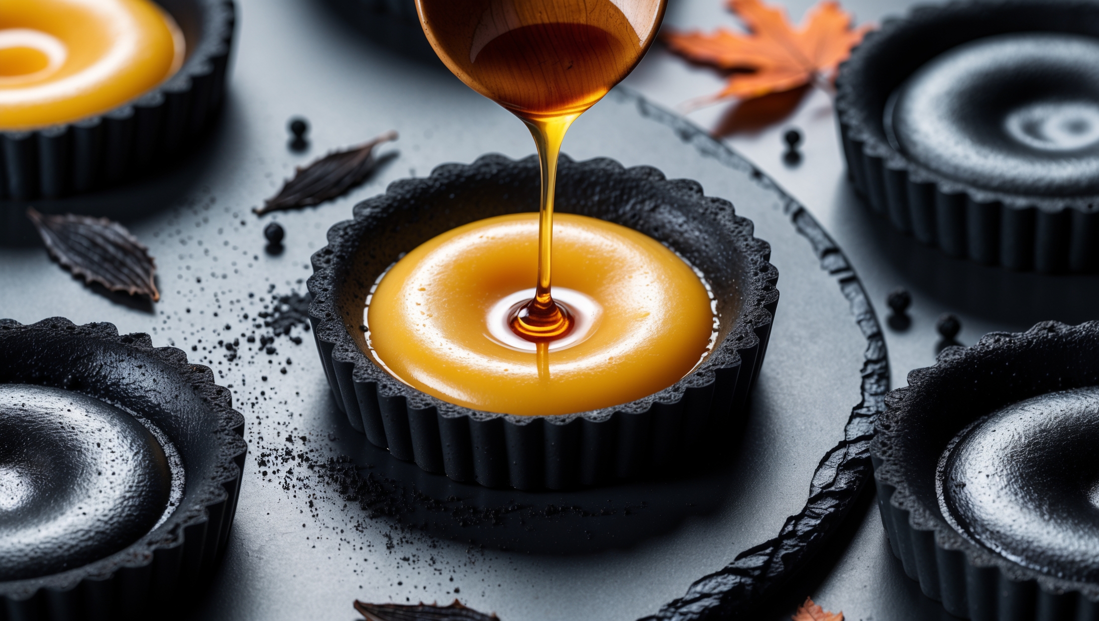 A striking overhead shot of individual black tarts arranged on a matte slate platter, their ebony charcoal shells creating dramatic contrast with the golden-amber custard filling. A cross-section reveals the perfect custard consistency - just set with a gentle wobble. Soft natural light highlights the glossy surface of the custard where tiny vanilla specks are visible. In the background, maple leaves and scattered koji spores provide context to the unique flavor profile, while a light dusting of charcoal powder on the edges of the plate adds visual harmony. A wooden spoon dripping with maple syrup hovers above one tart, capturing the moment before it adorns the dessert.