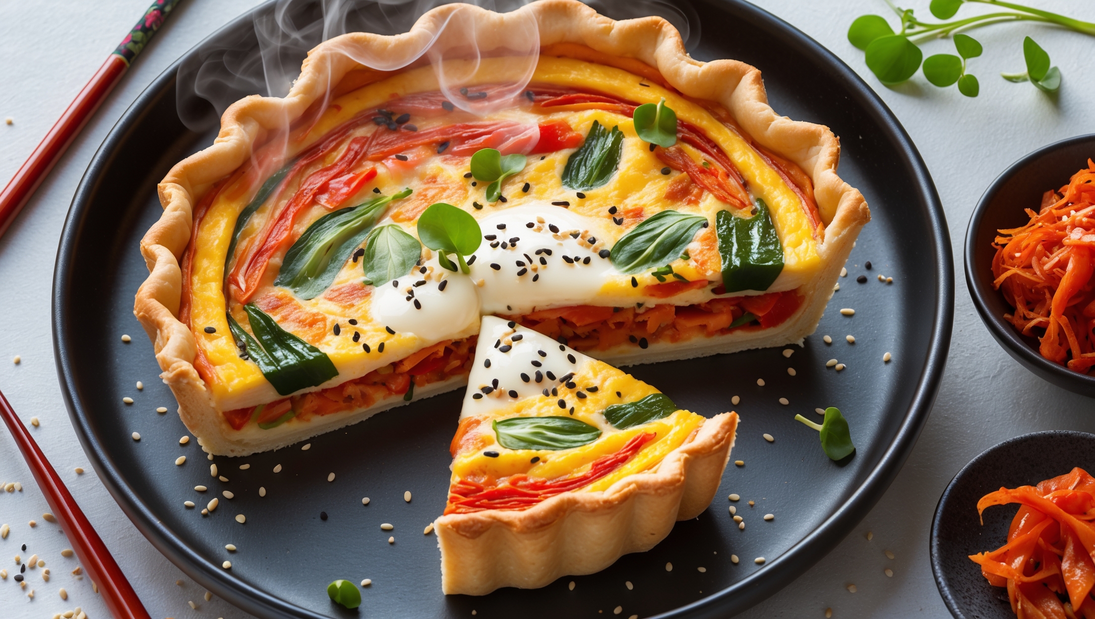 An overhead shot showcases this Korean-inspired quiche with its golden-brown, flaky pastry edge contrasting against the vibrant reddish-orange kimchi filling. A cross-section reveals layers of melted cheese, colorful vegetables, and kimchi embedded in a silky egg custard. Shot in bright, natural daylight on a matte black ceramic plate with scattered sesame seeds and micro greens as garnish. A small bowl of additional kimchi sits alongside, highlighting the recipe's star ingredient, while chopsticks and a western-style fork represent the dish's cultural fusion. Steam gently rises from the freshly-cut slice, hinting at the warm, aromatic experience awaiting the diner.