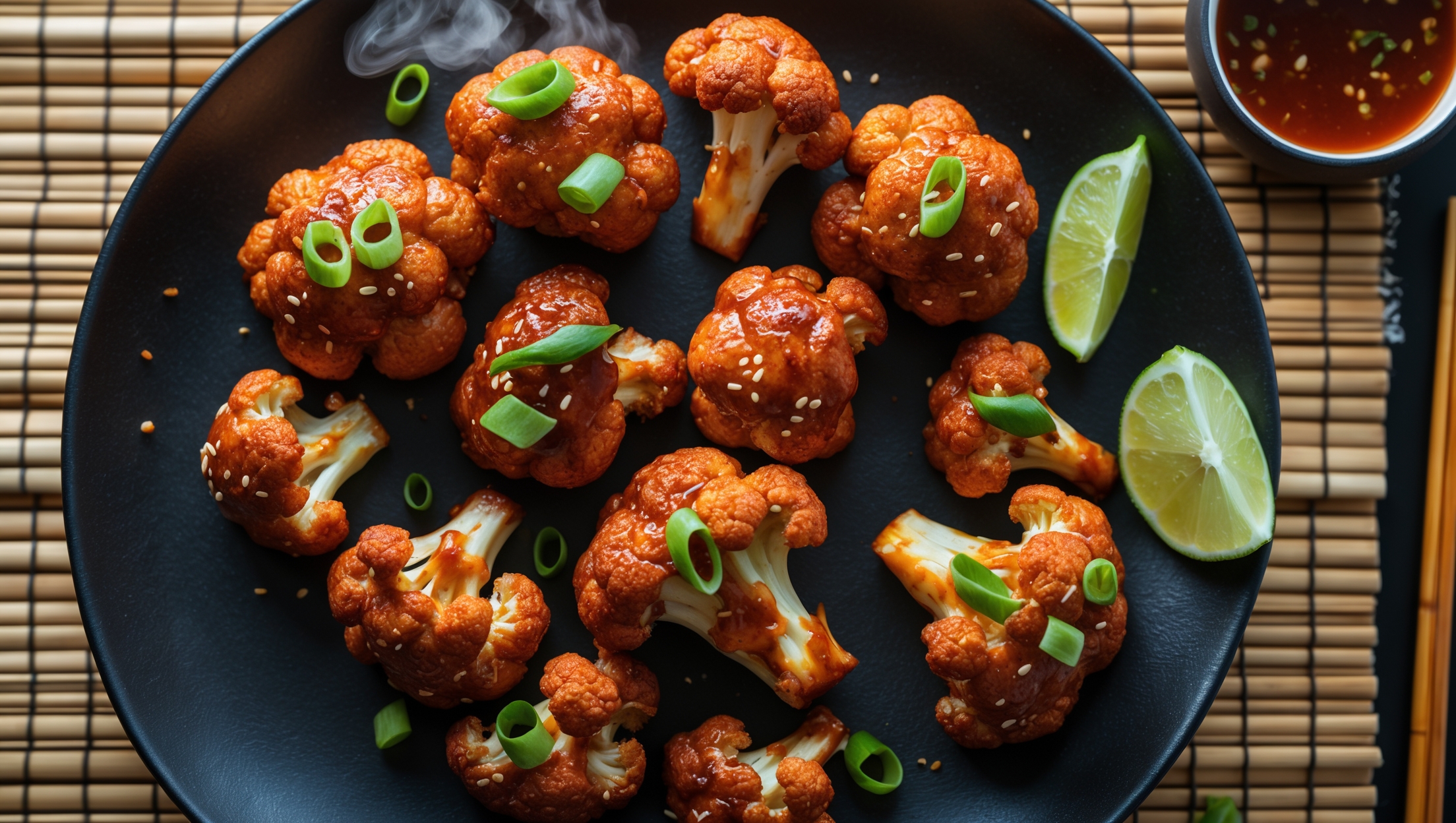 An overhead shot of crispy, caramelized Korean BBQ Cauliflower Wings arranged on a matte black ceramic plate, glistening under soft natural light. The deep reddish-brown sauce clings to the golden battered cauliflower, with visible flecks of sesame seeds and thinly sliced green onions scattered on top. A small ramekin of additional sauce sits nearby for dipping, alongside fresh lime wedges. The plate rests on a textured bamboo mat with chopsticks positioned nearby, creating a striking contrast against the vibrant, glossy wings. Steam visibly rises from the freshly baked florets, emphasizing their just-from-the-oven appeal.