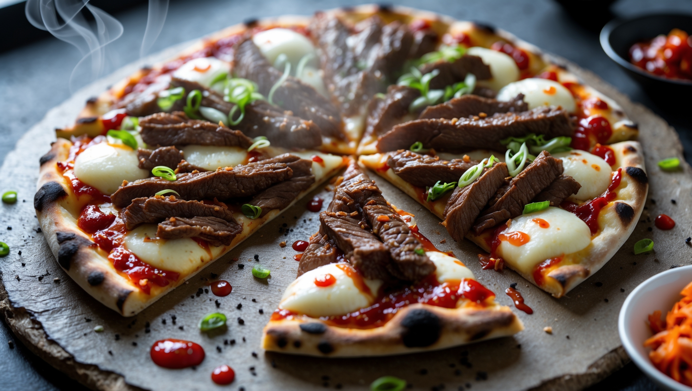 An overhead shot of a perfectly baked Korean Bulgogi Pizza on a rustic pizza stone, showcasing the glistening marinated beef strips nestled among melted mozzarella and vibrant vegetables. Steam rises gently from the just-sliced pizza, captured in soft natural light that highlights the caramelized edges of the crisp crust. Close-ups reveal the perfect balance of textures—tender meat, bubbling cheese, and the distinctive red shine of gochujang sauce drizzled artfully across the surface. Scattered fresh scallions and sesame seeds add bright pops of color against the rich backdrop, while a small dish of kimchi sits alongside, suggesting the perfect accompaniment to this Korean-Italian fusion creation.