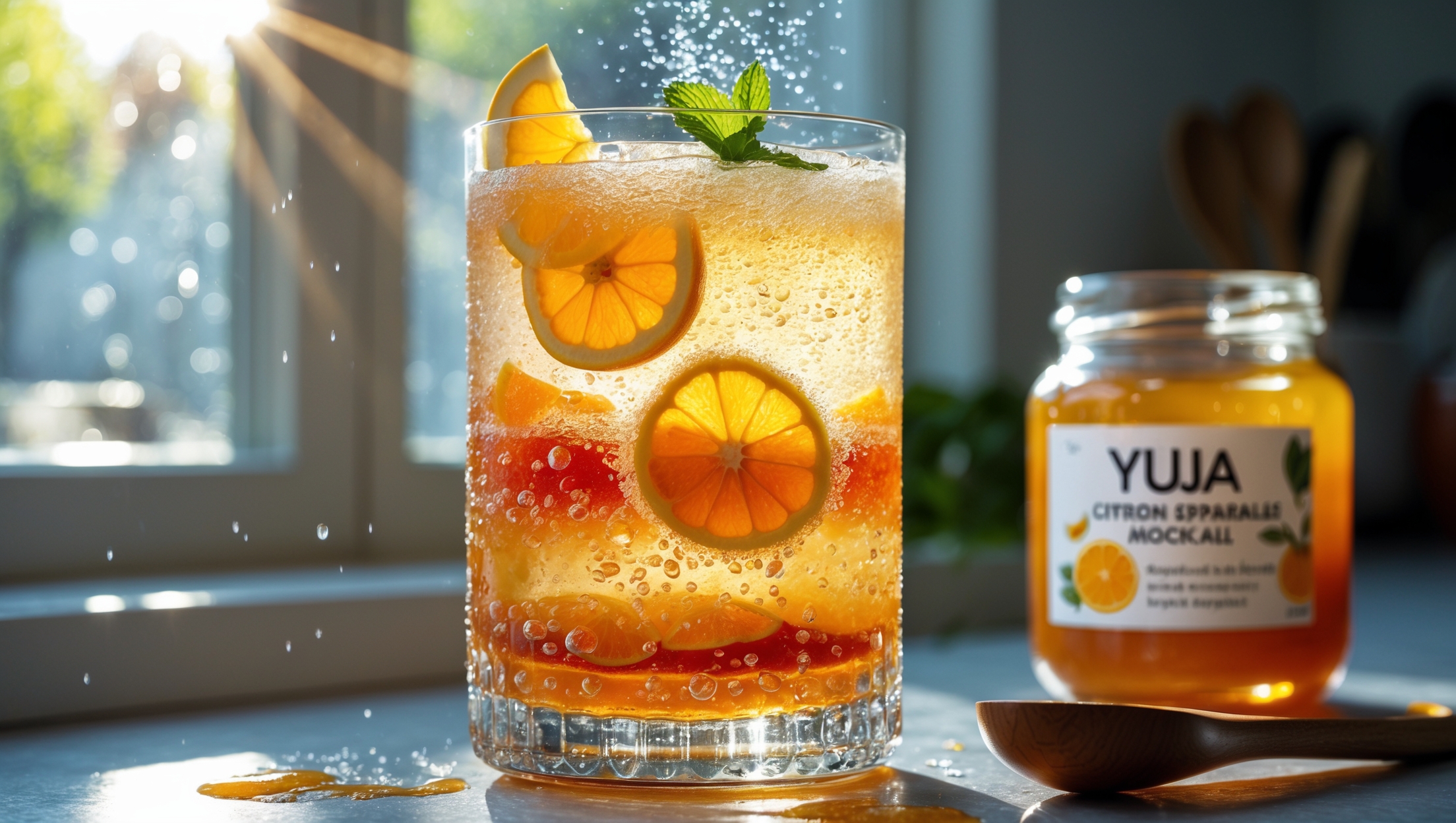 A crystal highball glass filled with a golden-amber Korean yuja citron sparkler mocktail, capturing the sunlight through a bright kitchen window. The drink showcases layers of citrus slices and yuja marmalade visible through the glass, topped with dancing bubbles from the sparkling water. Garnished with a thin slice of fresh yuzu (or lemon) and a small sprig of mint floating on top, with condensation beading on the outside of the glass. A small wooden spoon rests beside the glass, with a jar of yuja marmalade slightly blurred in the background, suggesting the handcrafted nature of this refreshing Korean-inspired drink.
