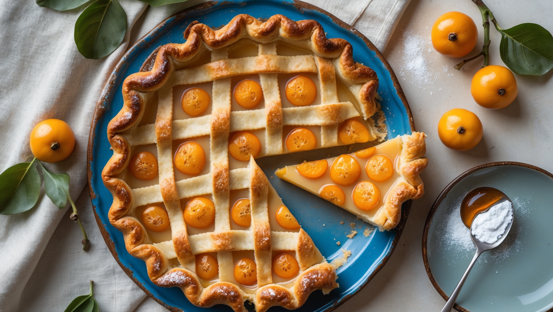 An overhead shot of a perfectly baked kumquat pie with a golden-brown lattice crust, revealing glimpses of the vibrant orange kumquat segments suspended in a glossy custard. The pie sits on a vintage blue ceramic plate against a neutral linen tablecloth, with soft natural light streaming from the side to highlight the caramelized edges and flaky texture of the pastry. Scattered around are fresh kumquats with their leaves attached, a dusting of powdered sugar, and a small jar of honey. A slice has been removed, showcasing the perfect set of the custard and the defined layers of the filling, with a fork resting nearby bearing a perfect bite.