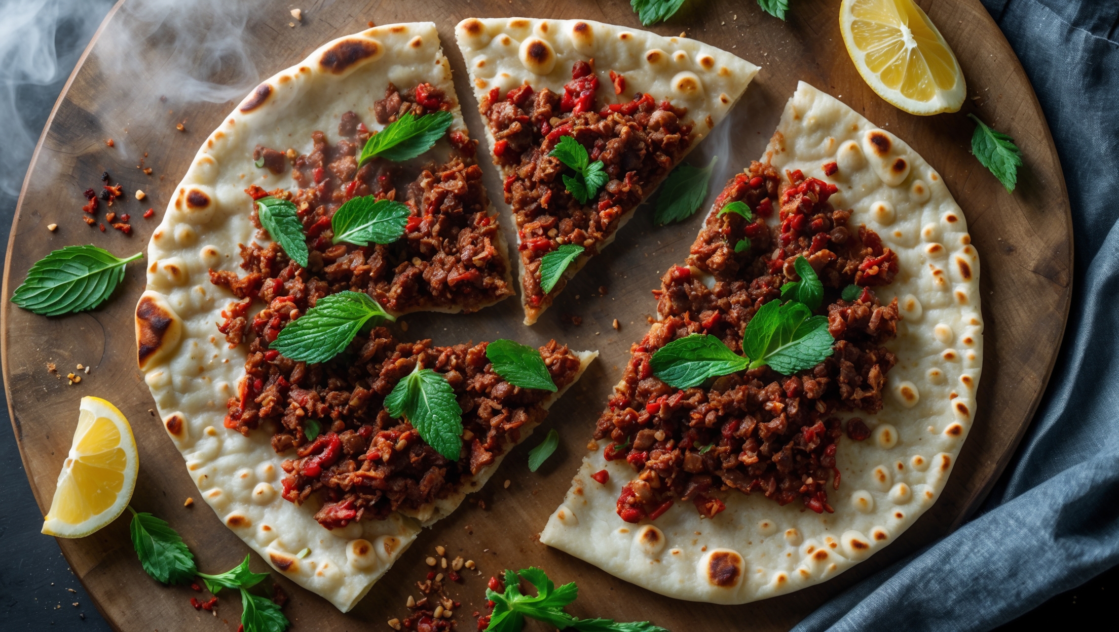 Overhead shot of freshly baked lahmacun arranged on a rustic wooden board, showing the thin, crispy edges with slightly charred spots and the vibrant red meat topping spread to the edges. A cross-section reveals the delicate, crispy-yet-chewy base beneath the aromatic minced lamb mixture. Soft natural light highlights the texture of the topping and the fresh herbs scattered on top - bright green parsley, mint leaves, and lemon wedges arranged alongside. The steam rising from the hot flatbreads creates a sense of immediacy, while scattered sumac and red pepper flakes provide visual contrast against the board.