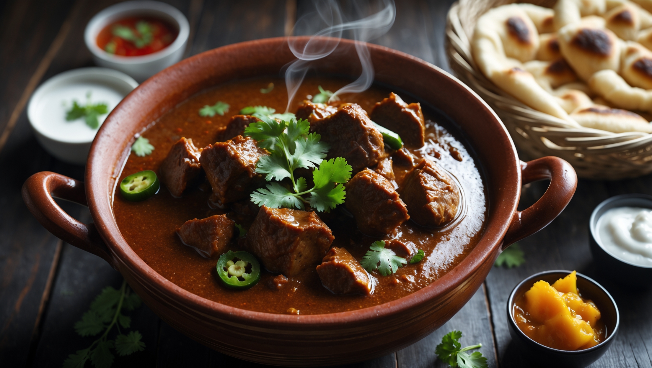 An overhead shot of a rustic earthenware bowl filled with glossy, deep reddish-brown lamb curry, where succulent chunks of lamb peek through the thick, velvety sauce. Steam rises gently, carrying the aromatic scent of spices. The curry is garnished with fresh cilantro leaves and thinly sliced green chilies providing vibrant color contrast. A basket of golden naan bread sits alongside, partially torn to reveal its pillowy interior. The scene is set on a dark wooden table with small bowls of yogurt and mango chutney, all bathed in soft, diffused natural light that highlights the glistening surface of the curry.