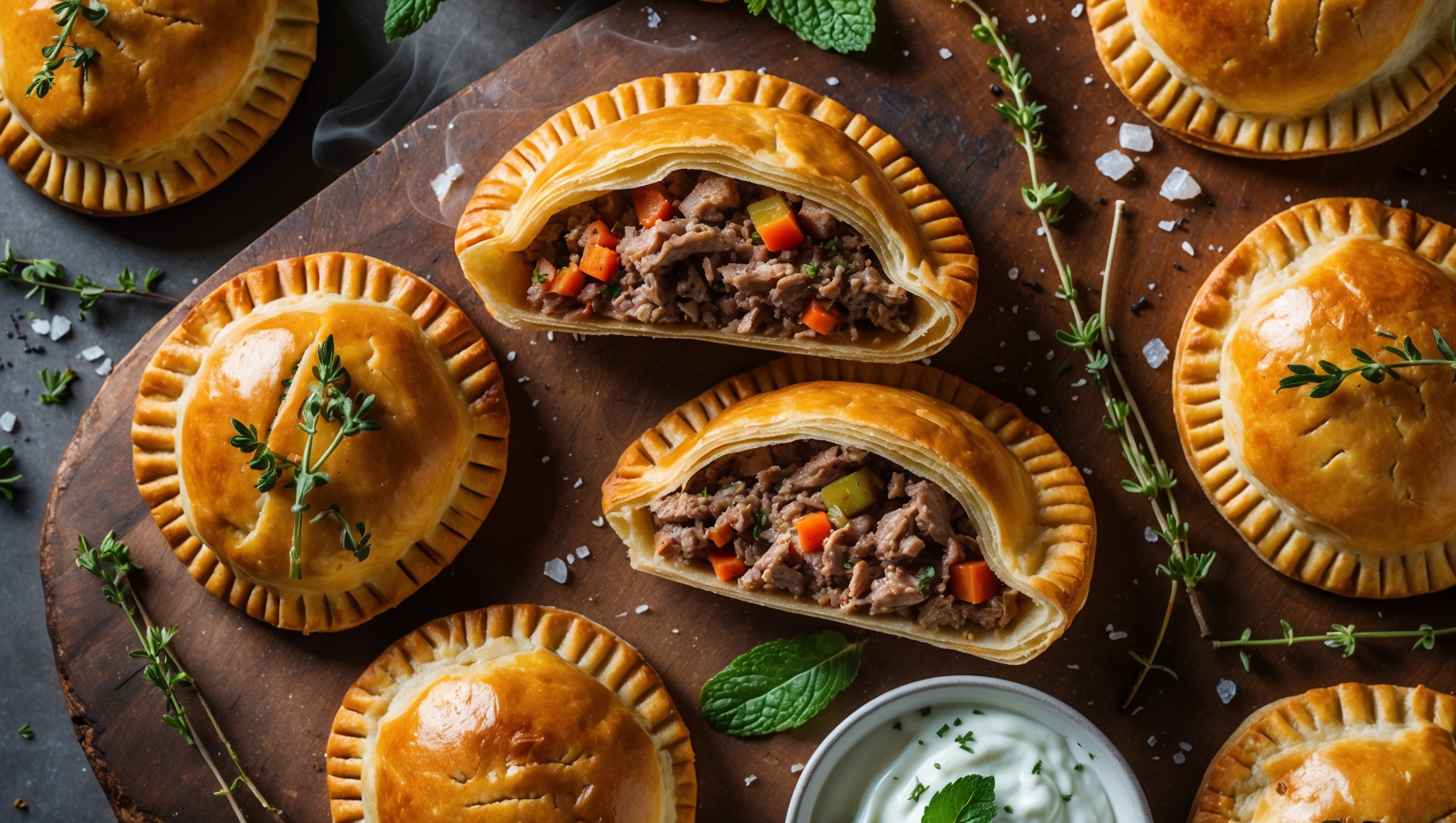 An overhead shot captures six golden-brown lamb hand pies arranged on a rustic wooden board, with one cut in half to reveal the rich, steaming lamb filling. The cross-section showcases the perfect layers of flaky pastry and the juicy minced lamb filling studded with colorful vegetables. Shot in warm natural light that highlights the buttery sheen on the pastry and the appetizing texture of the meat. A scattering of fresh thyme sprigs, sea salt flakes, and cracked black pepper surrounds the pies, while a small bowl of mint yogurt dip sits alongside, suggesting the perfect pairing. Steam gently rises from the freshly baked pies, hinting at their warmth and irresistible aroma.