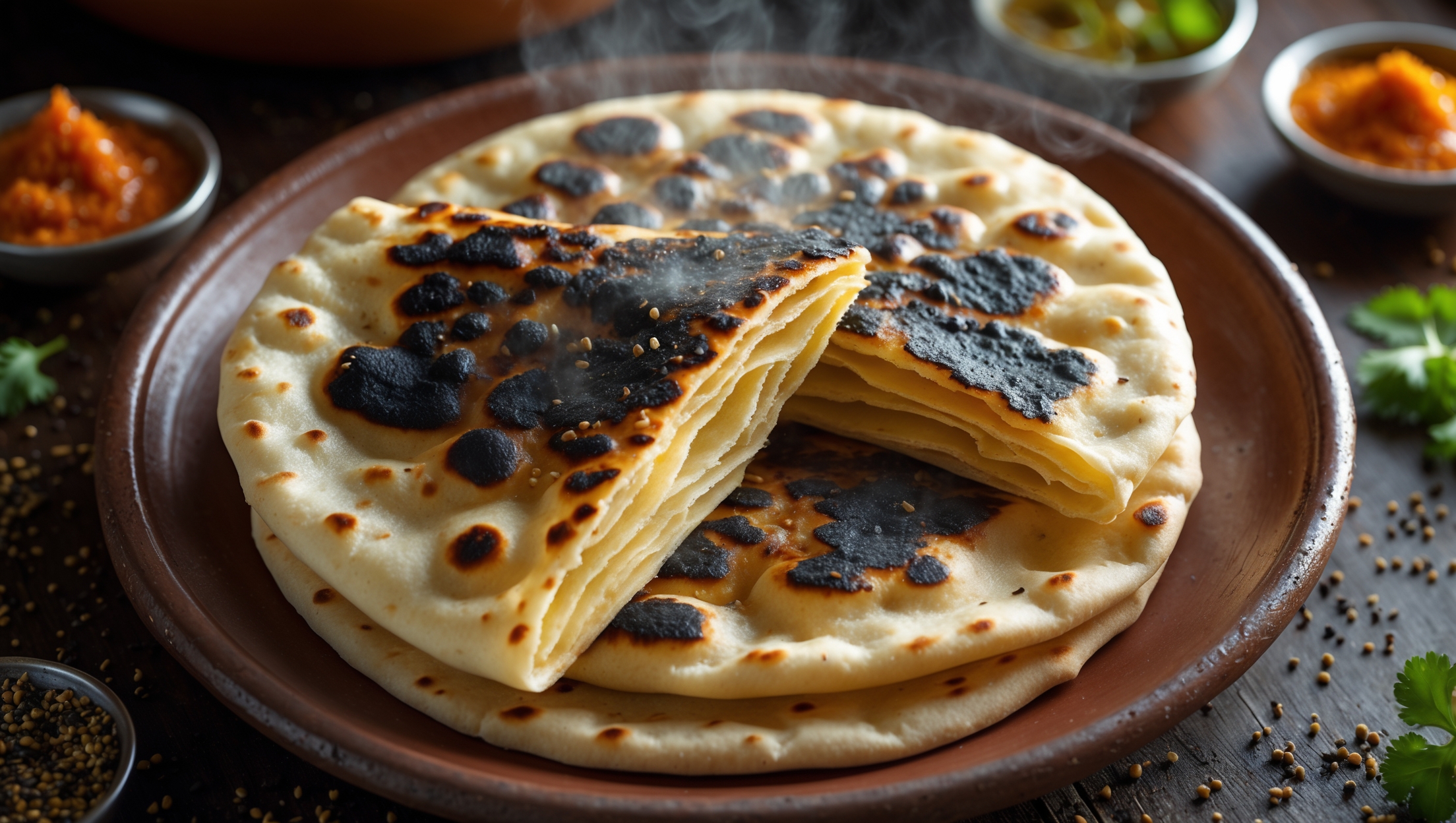 An overhead shot of freshly baked kulchas stacked on a rustic clay plate, their surfaces blistered with beautiful char marks and brushed with glistening ghee. The soft natural light catches the steam rising from the torn-open flatbread, revealing its pillowy, layered interior. Scattered around the plate are small bowls of vibrant chutneys, a sprinkle of nigella seeds, and fresh cilantro leaves adding pops of color. In the background, a tandoor-inspired clay pot suggests the traditional cooking method, while the warm, golden-hour lighting enhances the bread's inviting texture and emphasizes the contrast between the crisp exterior and fluffy interior.