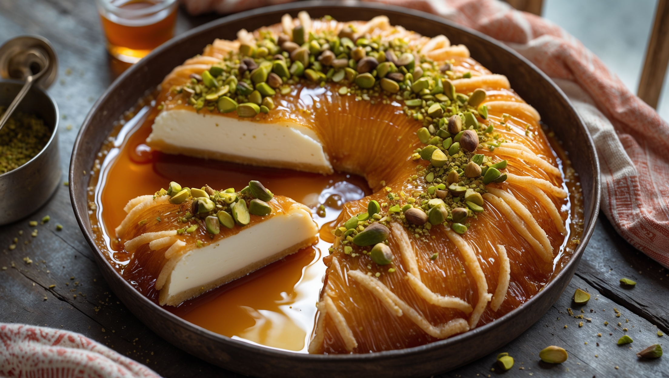 An overhead shot captures a golden-brown kunafa in a traditional round metal pan, with one slice removed to reveal the stretchy, creamy sheep's milk cheese interior. The pastry glistens under soft window light, highlighting the amber-colored barrel-aged syrup pooling around the edges and soaking into the shredded pastry. Close-up details show the crispy, thread-like texture of the kataifi strands contrasting with the smooth cheese. Crushed pistachios add vibrant green accents across the top, while a small pouring vessel of extra syrup sits alongside. The kunafa rests on a weathered wooden table with subtle Middle Eastern textile elements in the background, creating warm color contrasts with the dessert's honeyed tones.