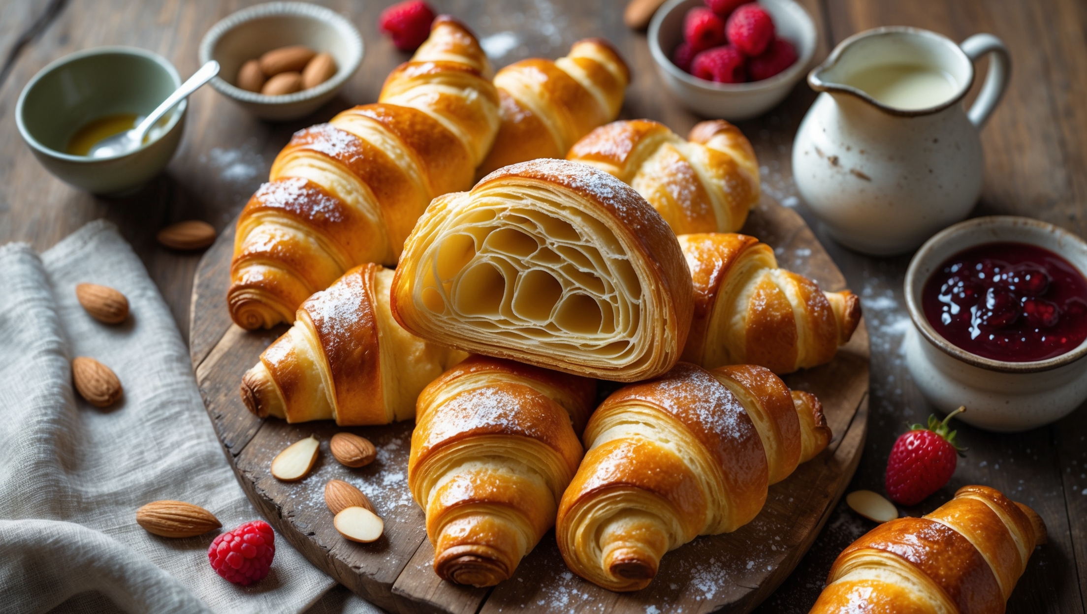 An overhead shot of golden-brown buttermilk horns arranged on a rustic wooden board, their crescent shapes showcasing distinctive flaky layers. A cross-section view reveals the delicate honeycomb interior texture created by the laminated dough process. The pastries glisten slightly in soft morning light, with some displaying a light dusting of flour. A small ceramic bowl of homemade jam and a vintage pitcher of buttermilk sit alongside, while scattered almonds and a few fresh berries add color contrast. The warm tones of the baked pastries stand out against a neutral linen napkin, highlighting their perfect caramelization and buttery shine.