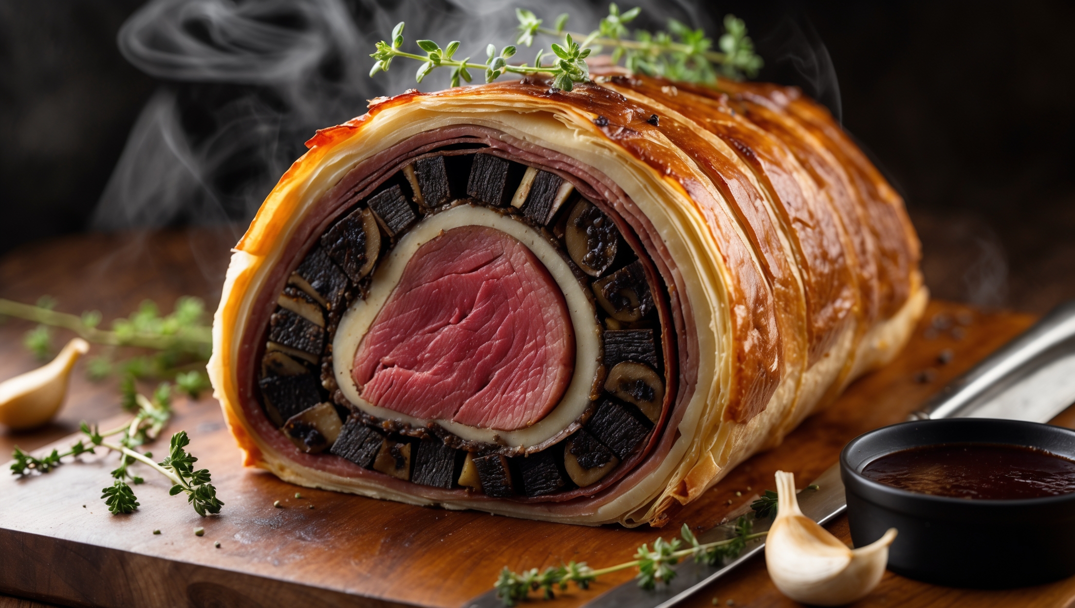 An elegant cross-section view of the Beef Wellington reveals perfectly cooked medium-rare tenderloin encased in crisp, golden-brown laminated pastry with visible buttery layers. The concentric rings of ingredients create a stunning visual pattern – the pink center of the tenderloin surrounded by the dark mushroom duxelles studded with black truffle slices, wrapped in thin prosciutto and finally the flaky pastry exterior. The Wellington rests on a wooden carving board, photographed in warm natural light that accentuates the steam rising from the freshly cut surface. Scattered around are sprigs of thyme, roasted garlic cloves, and a small ramekin of rich red wine reduction sauce for serving.