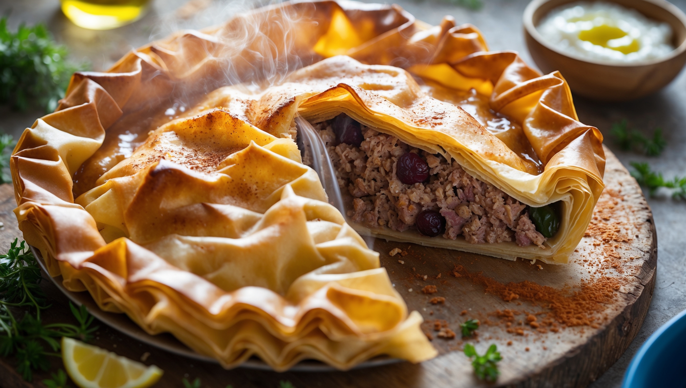 An overhead shot of the golden-brown Lamb Phyllo Pie, its top glistening with a butter glaze catching the soft natural light streaming through a kitchen window. The pie is cut to reveal its succulent minced lamb filling, rich with spices and studded with plump currants. Steam rises gently from the cross-section, highlighting the multiple layers of crisp, paper-thin pastry that frame the savory interior. The pie rests on a rustic wooden serving board alongside scattered fresh herbs and a small bowl of Greek yogurt. A fine dusting of powdered cinnamon creates visual warmth against the flaky pastry layers, while the environment suggests a Mediterranean-inspired gathering with olive oil and lemon wedges completing the scene.