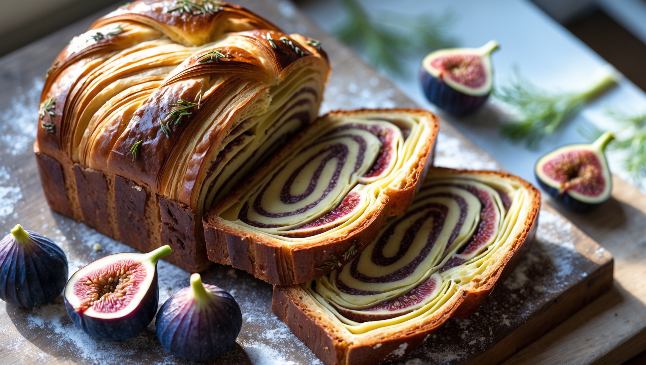 An overhead shot captures a rustic loaf of Laminated Fennel and Fig Bread on a flour-dusted wooden board, with one slice cut to reveal the mesmerizing butter-created layers and pockets of dark purple figs suspended throughout the golden crumb. Soft natural light streams in from a nearby window, highlighting the bread's glossy, deeply caramelized crust and the visible fennel seeds speckled throughout. The cross-section displays the dramatic lamination patterns reminiscent of croissants, while scattered fresh figs and fennel fronds artfully frame the composition, emphasizing the bread's star ingredients.