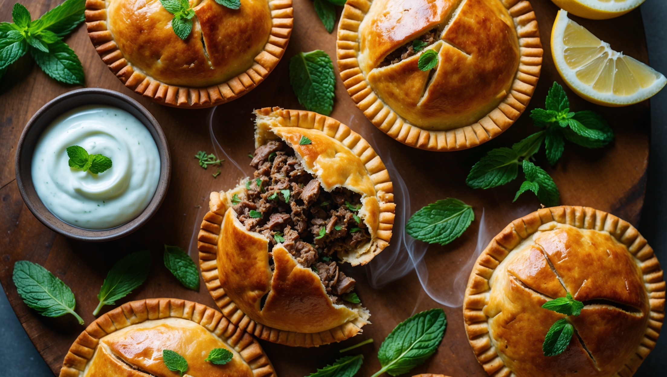 Overhead shot of golden-brown lamb and mint pies arranged on a rustic wooden serving board, with one pie broken open to reveal the rich, juicy minced lamb filling speckled with vibrant green mint. Soft natural light highlights the flaky, buttery layers of the shortcrust pastry and the subtle glisten of the filling. A small bowl of mint yogurt sauce sits alongside, with fresh mint sprigs and lemon wedges scattered artfully around the composition. The warm, earthy tones of the pies contrast beautifully with the bright green garnishes, while wisps of steam suggest they've just emerged from the oven.
