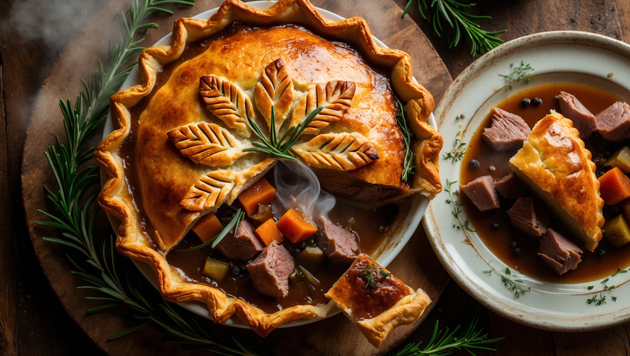 Overhead shot of a golden-brown lamb and rosemary pie with a decorative pastry leaf pattern on top, steam escaping from a small center vent. A wedge has been removed, revealing the succulent chunks of lamb and vegetable filling bathed in rich, glossy gravy. The pie sits on a rustic wooden board against a backdrop of fresh rosemary sprigs and scattered peppercorns. Soft natural light highlights the flaky layers of the pastry crust, while the deep, savory filling creates a striking color contrast. A vintage ceramic plate holds a serving portion alongside roasted vegetables, with the pie's aroma visibly rising in the warm, inviting atmosphere.