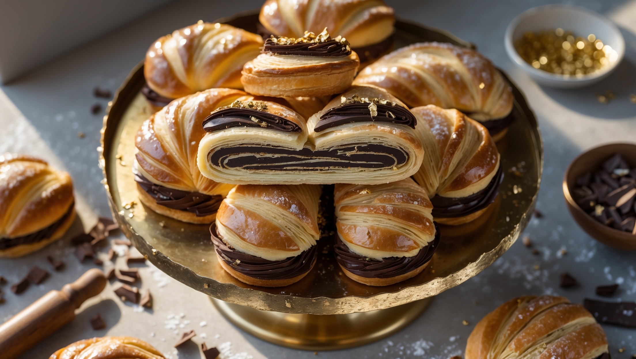 An overhead shot captures multiple chocolate Danishes arranged on a vintage brass cake stand, their laminated layers clearly visible and glistening with a thin glaze. A cross-section view reveals the precise layers of buttery pastry with dark Valrhona chocolate ribbons running through each Danish. Golden afternoon light highlights the delicate gold leaf flakes that shimmer against the deep brown chocolate filling. The background features scattered cocoa nibs, a small bowl of gold leaf, and a worn wooden rolling pin dusted with flour, suggesting the craftsmanship involved in creating these luxurious pastries.