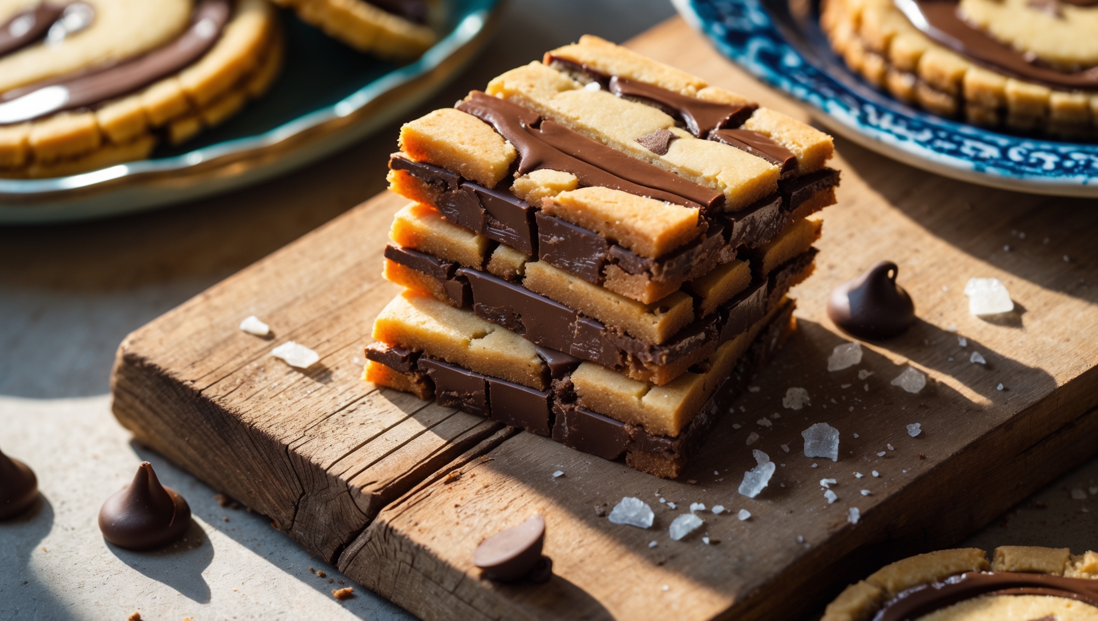An overhead shot captures a stack of square-cut laminated chocolate chip cookies with visible distinct layers and pockets of melted chocolate chunks. A cross-section view reveals the gorgeous striations of caramelized dough and chocolate, highlighting the technical lamination process. Warm natural light casts gentle shadows emphasizing the textural contrast between crisp golden-brown edges and soft centers. The cookies rest on a rustic wooden board with scattered chocolate chunks, flaky sea salt, and a few crumbs showcasing their irresistible texture. A vintage blue ceramic plate holds additional cookies in the background, with steam still rising from their warm centers, suggesting they've just been pulled from the oven.