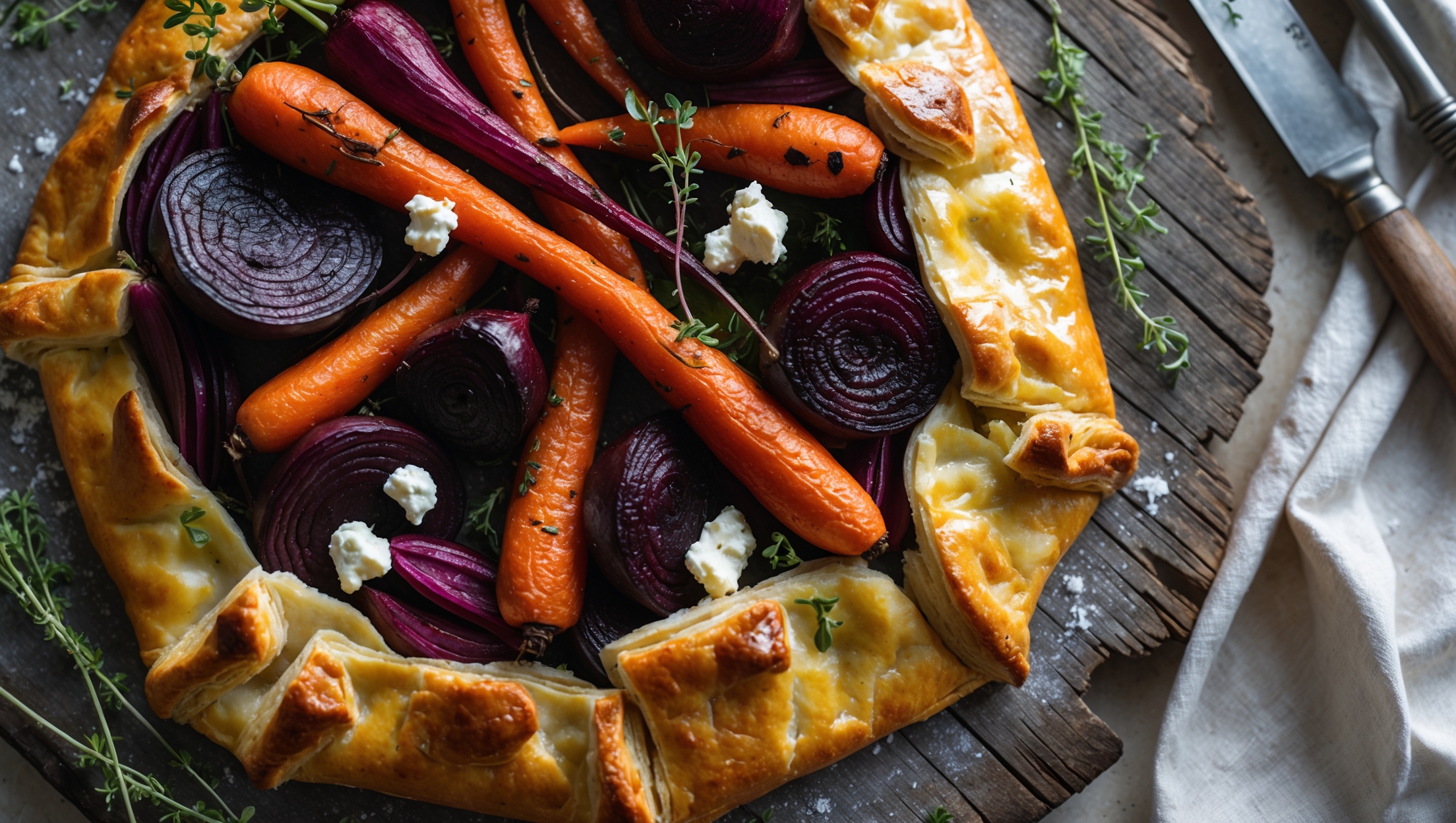 An overhead shot of the rustic galette served on a weathered wooden board, showcasing its golden-brown flaky crust with visible buttery layers. The slow-roasted vegetables create a vibrant mosaic of burnt orange carrots, deep purple beets, and caramelized red onions, their edges slightly charred. Soft natural light streams across the scene, highlighting the glossy sheen where vegetables meet pastry. Fresh thyme sprigs and crumbled goat cheese add texture contrast atop the vegetables, while scattered herbs and a drizzle of olive oil complete the presentation. In the background, a cloth napkin and vintage knife suggest an inviting farm-to-table dining experience.