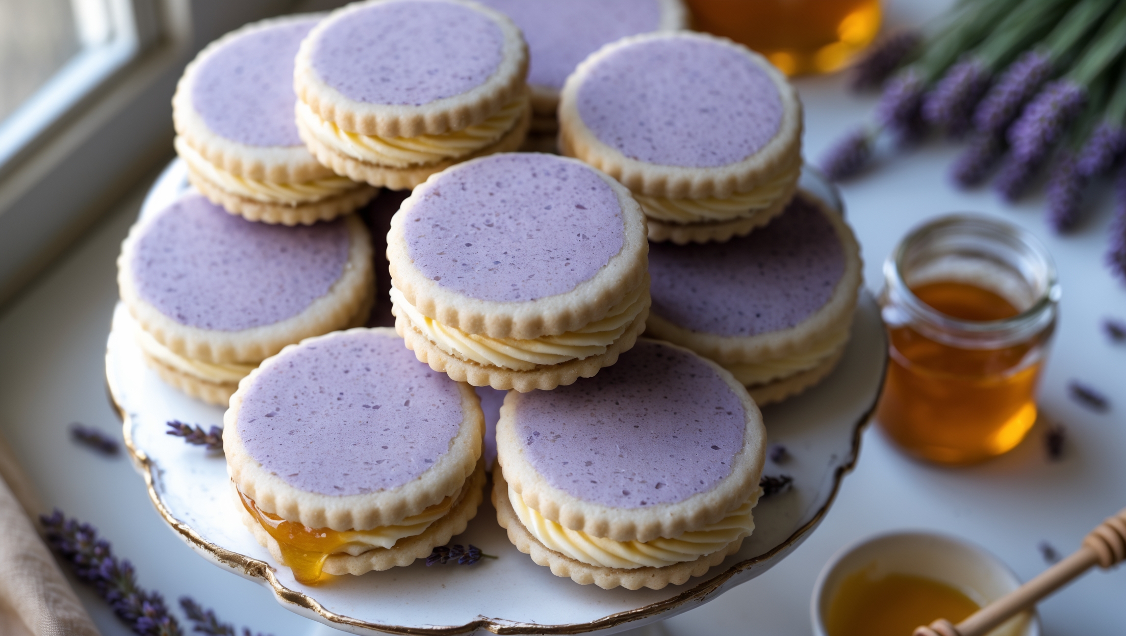 An overhead shot of perfectly round lavender-speckled sandwich cookies arranged in a casual spiral on a vintage white ceramic cake stand. Soft natural light streams in from a nearby window, highlighting the pale purple hue of the cookies and the golden honey buttercream peeking from between layers. In the background, sprigs of fresh lavender and a small jar of local honey add context and color. A close-up reveals the delicate purple flecks in the buttery shortbread and the smooth, glossy filling that gently oozes from the sides when pressed. One cookie is captured mid-bite, showcasing the tender crumb of the shortbread contrasted with the creamy honey center.
