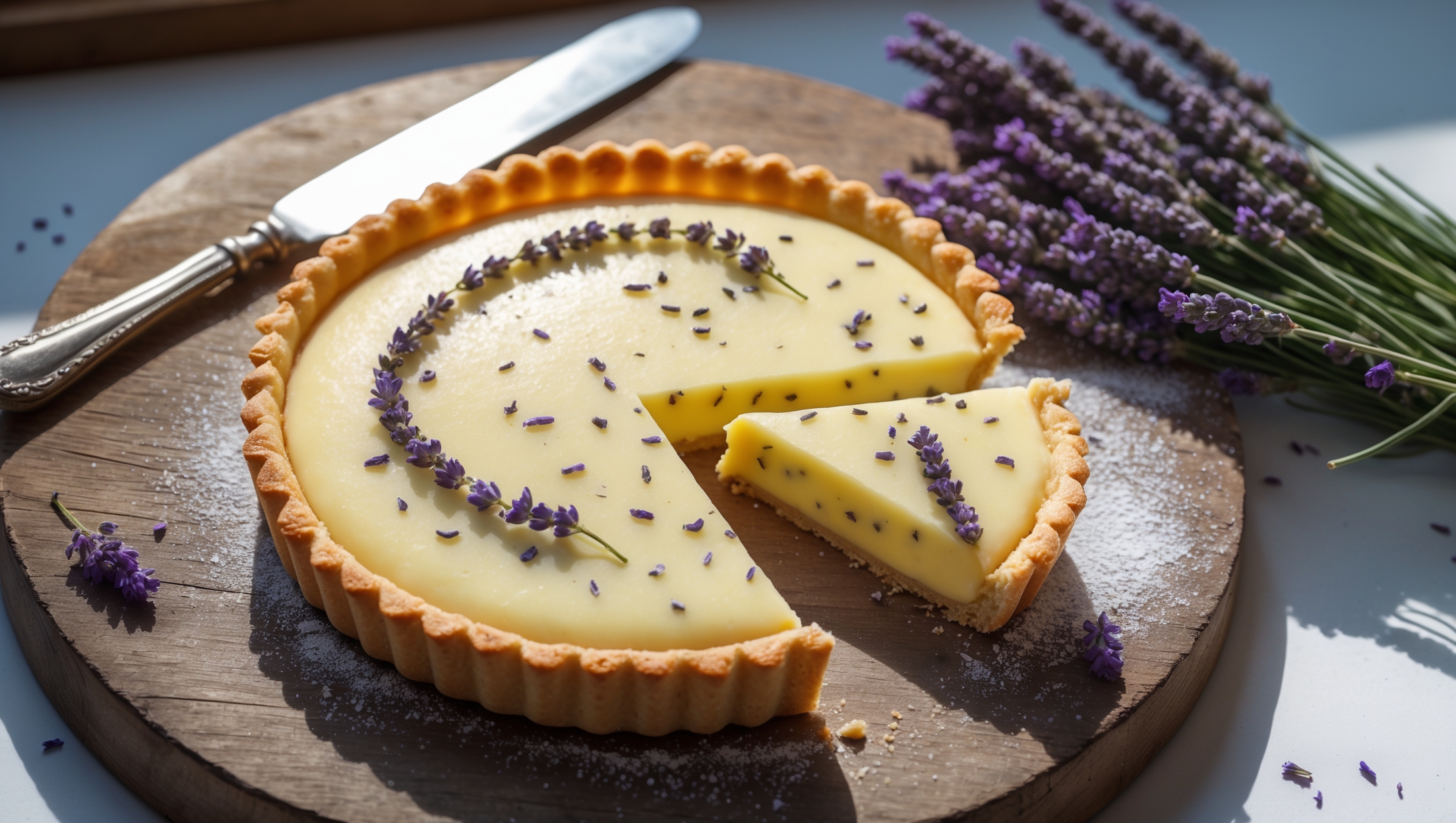 An overhead shot of a perfectly golden shortcrust tart filled with pale yellow lavender-infused custard, with tiny flecks of lavender buds visible throughout. The surface has a slight sheen catching the soft natural light streaming through a nearby window. Several tiny lavender sprigs decorate one edge, while a slice is being removed, revealing the smooth, set custard texture. The tart rests on a weathered wooden board alongside a vintage silver serving knife and a small bunch of fresh lavender. A fine dusting of icing sugar highlights the tart's delicate textured edge, creating a beautiful contrast against the deep purple of the lavender garnish.