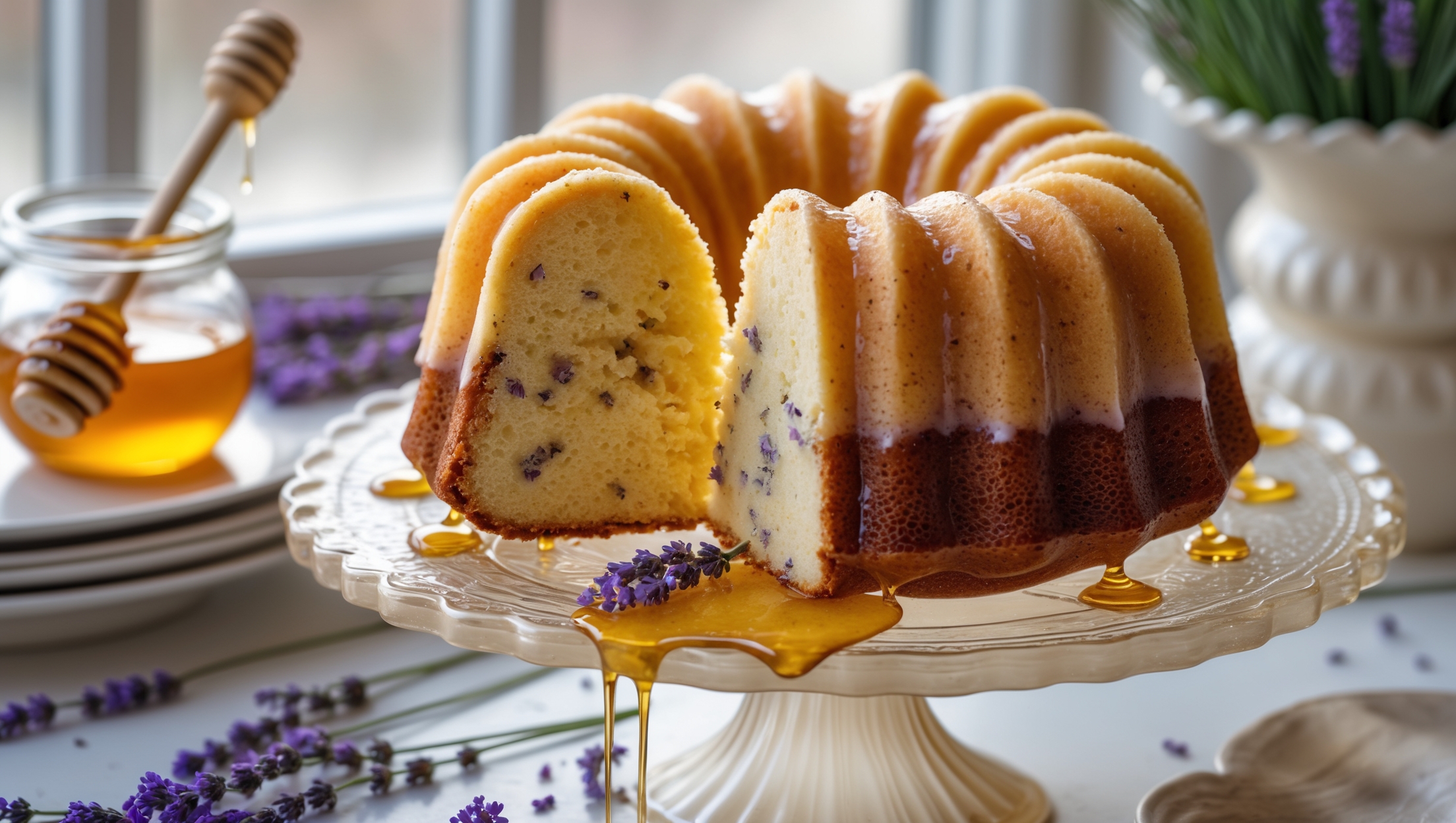 An elegant bundt cake with distinctive fluted curves photographed in soft natural window light that highlights its golden-brown exterior and glistening honey glaze. Close-up details reveal tiny specks of culinary lavender embedded throughout the moist crumb, while honey drips languidly down the sides creating amber pools on a vintage milk glass cake stand. The cross-section shows a perfectly even, tender texture with a warm butter-yellow hue. Sprigs of fresh lavender and a small jar of honey sit alongside the cake, while scattered lavender buds create purple accents against the white ceramic serving plate. A slice being pulled away reveals stretchy honey threads, emphasizing the cake's moist, tender consistency.