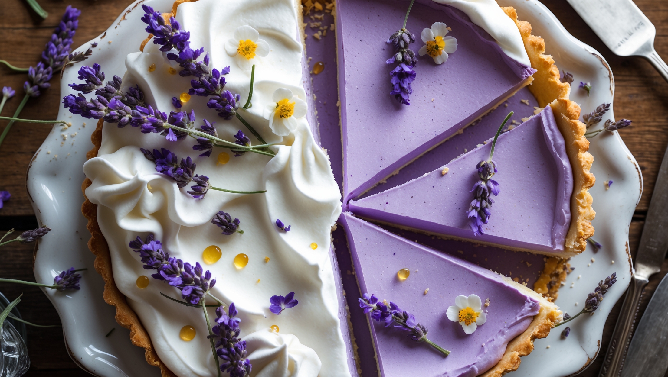 An overhead shot of a perfectly sliced lavender cream pie on a vintage white cake stand, showcasing its silky lavender-tinted custard filling beneath a cloud of whipped cream. The cross-section reveals a crisp, golden shortcrust base contrasting beautifully with the smooth filling. Soft natural light highlights the delicate purple hue of the custard, while fresh lavender sprigs and scattered edible flowers decorate the top. Small drops of honey glisten on the surface, and the entire composition sits on a rustic wooden table with a vintage silver serving knife nearby, emphasizing the pie's elegant yet homemade appeal.