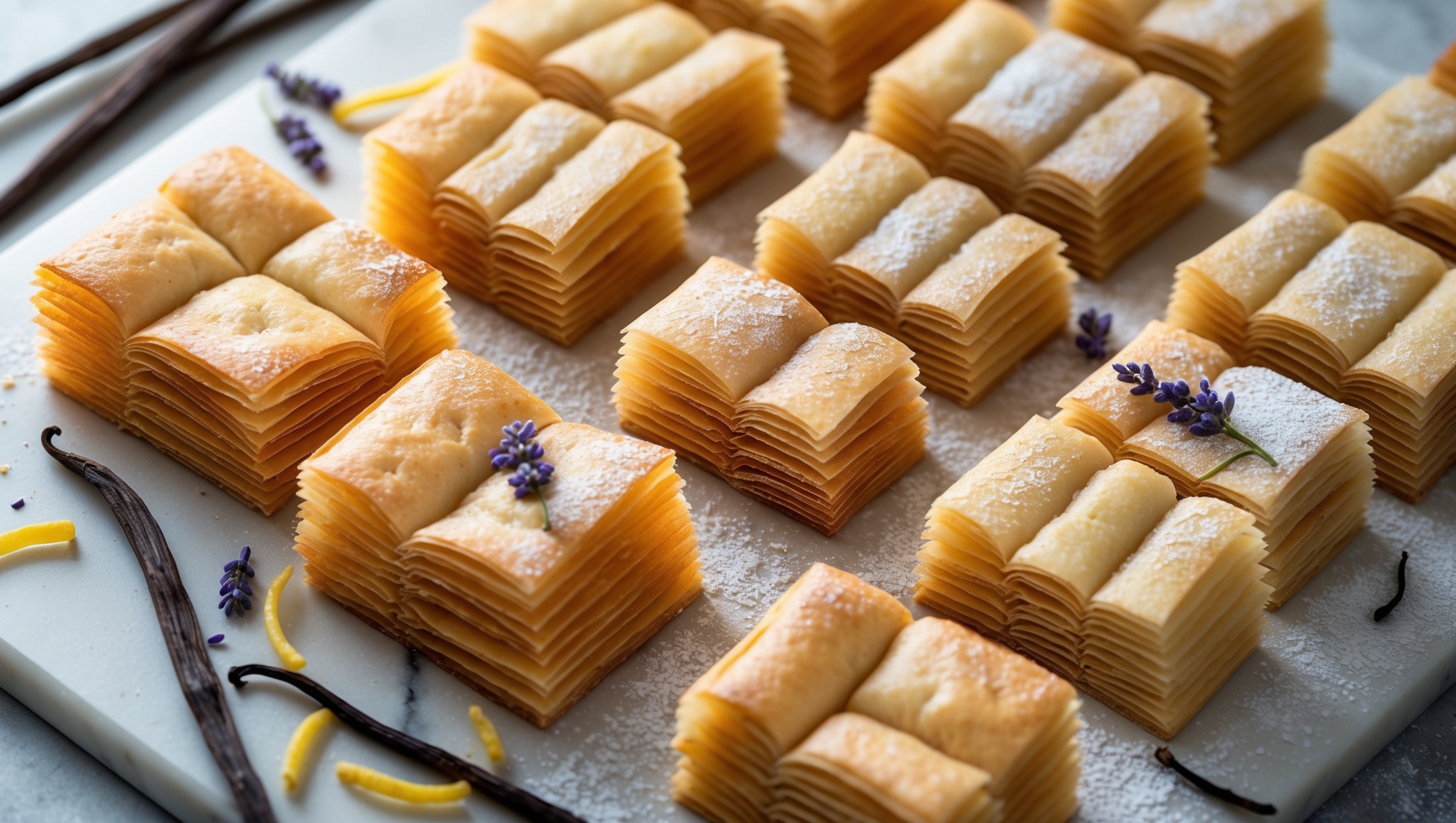 An overhead shot captures golden-brown pastry squares arranged on a marble pastry board, revealing their distinct flaky layers. A cross-section close-up showcases the dramatic lamination—dozens of paper-thin layers creating a honeycomb texture throughout. Shot in soft natural light, the pastry's butter-rich golden edges glisten slightly, while scattered vanilla beans, lemon zest, and lavender sprigs hint at the infusion flavors. A light dusting of powdered sugar creates a beautiful contrast against the deep amber pastry. The image captures both the delicate structure and substantial, crisp texture that makes this pastry so distinctive.