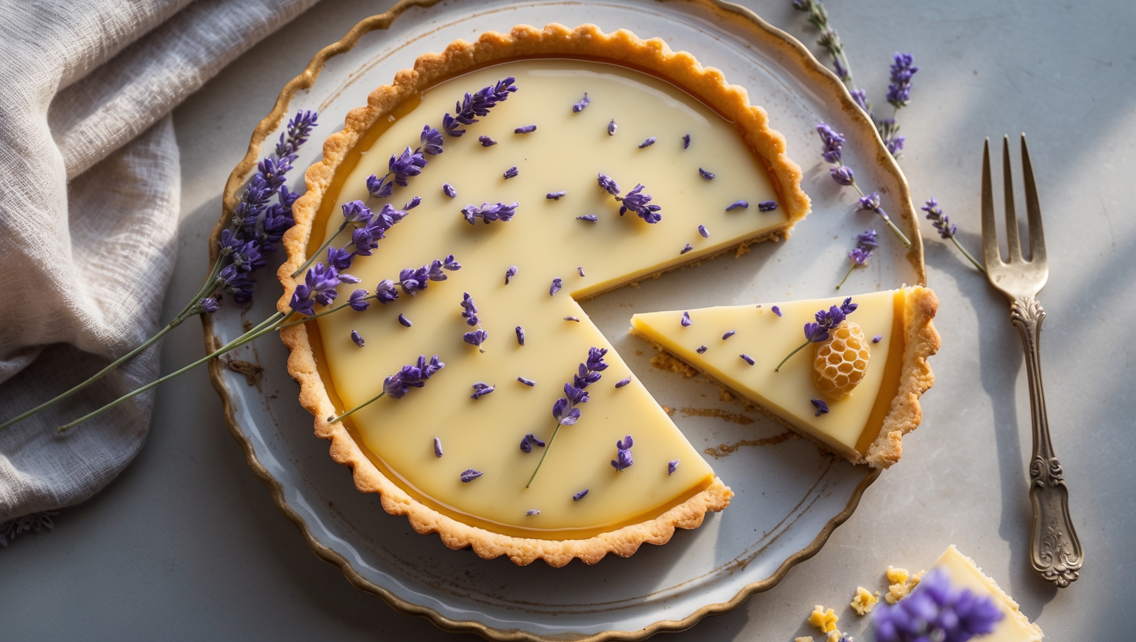 An overhead shot of a perfectly golden Lavender Honey Tart resting on a vintage ceramic cake stand, its surface glistening with a thin layer of clear honey catching the soft afternoon light. The pale yellow custard filling is flecked with tiny purple lavender buds, creating a delicate contrast against the crisp, amber-colored pastry edge. A cross-section reveals the distinct layers: the thin, crumbly shortcrust base, the smooth custard center, and the glossy honey topping. Fresh lavender sprigs and a small honeycomb piece decorate one edge, while a slice being pulled away shows the creamy texture that holds its shape without being too firm. The scene is completed with a rustic linen napkin and antique silver dessert fork placed alongside the tart.