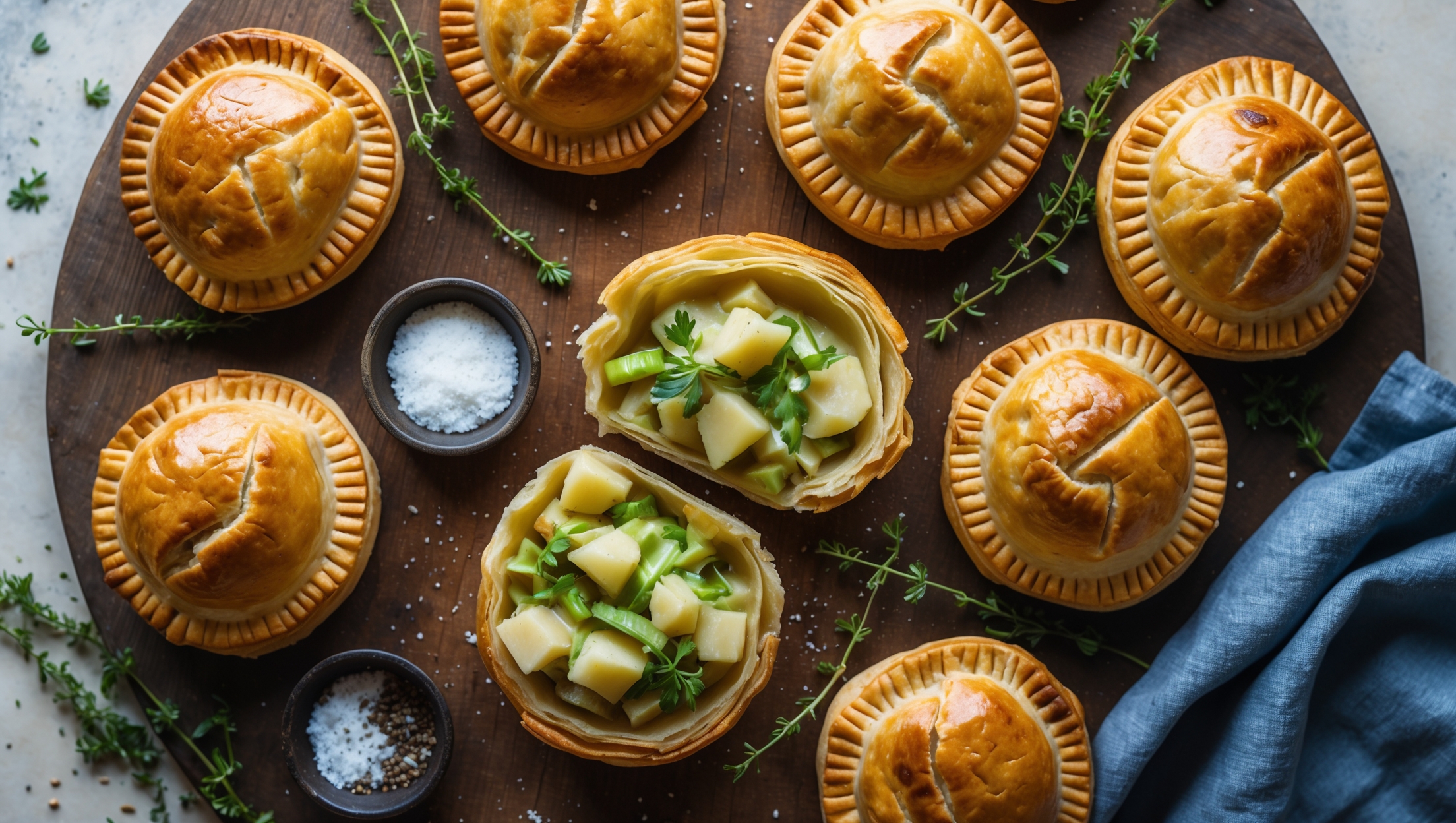 An overhead shot showcases six golden-brown hand pies arranged on a rustic wooden board, with one pie cut open to reveal the creamy leek and potato filling inside. Soft natural light highlights the flaky pastry layers and steam gently rises from the freshly baked pies. A scattering of fresh thyme sprigs, small bowls of sea salt and cracked black pepper, and a blue linen napkin frame the composition. The cross-section reveals tender chunks of potato and vibrant green leeks bound in a creamy sauce, with the contrast between the crisp exterior and soft interior creating visual interest.