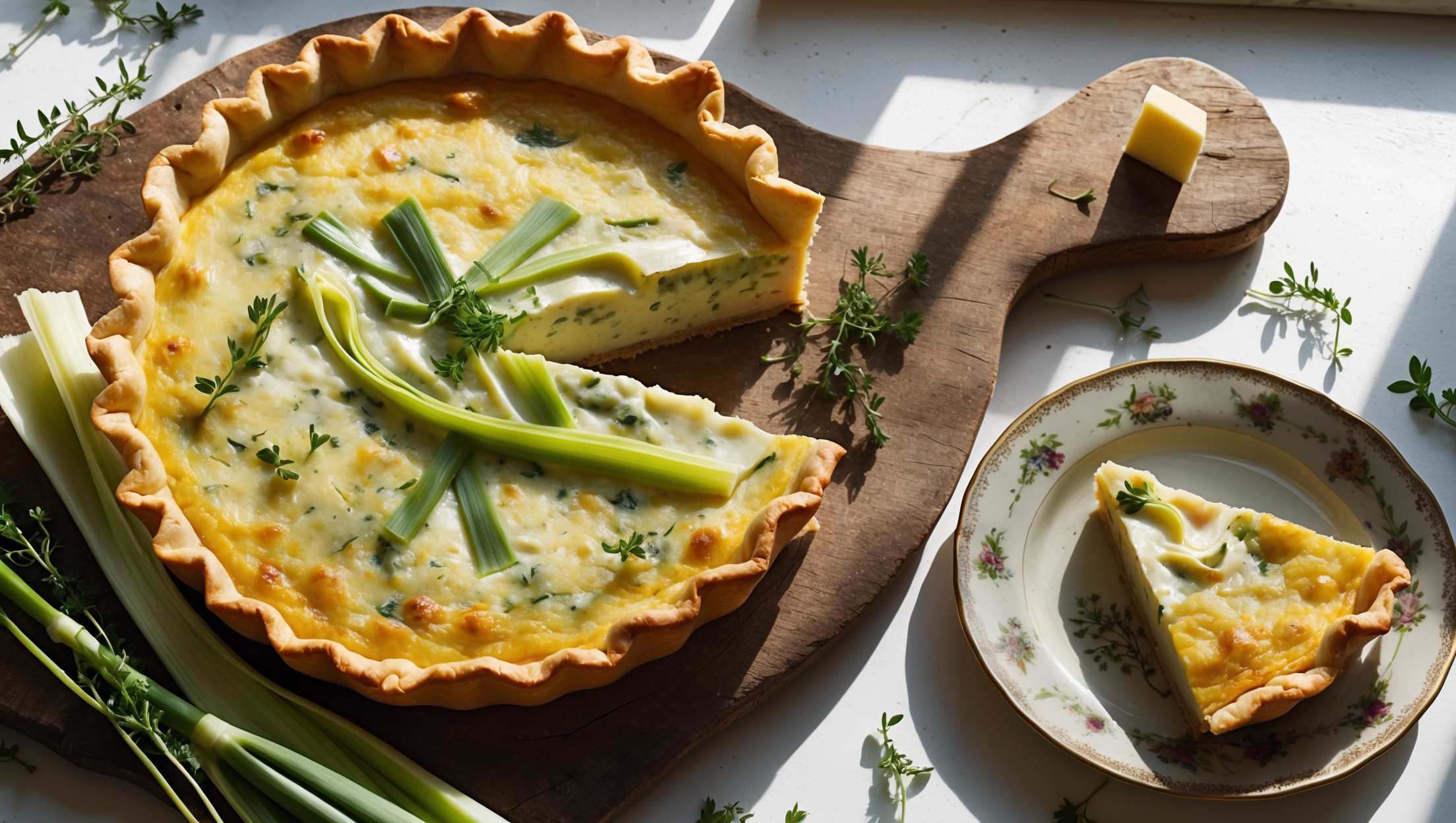 An overhead shot of the golden-brown Leek and Gruyère Quiche resting on a rustic wooden board, with a slice being lifted to reveal the creamy, custard interior marbled with softened leeks and pockets of melted Gruyère. Soft natural light streams in from a nearby window, highlighting the flaky, crisp pastry edge and the delicate specks of herbs throughout the filling. A scattering of fresh thyme sprigs, sliced leeks, and small cubes of Gruyère cheese surround the quiche, while a vintage ceramic plate with a slice of the quiche sits alongside, revealing the perfect ratio of filling to crust.