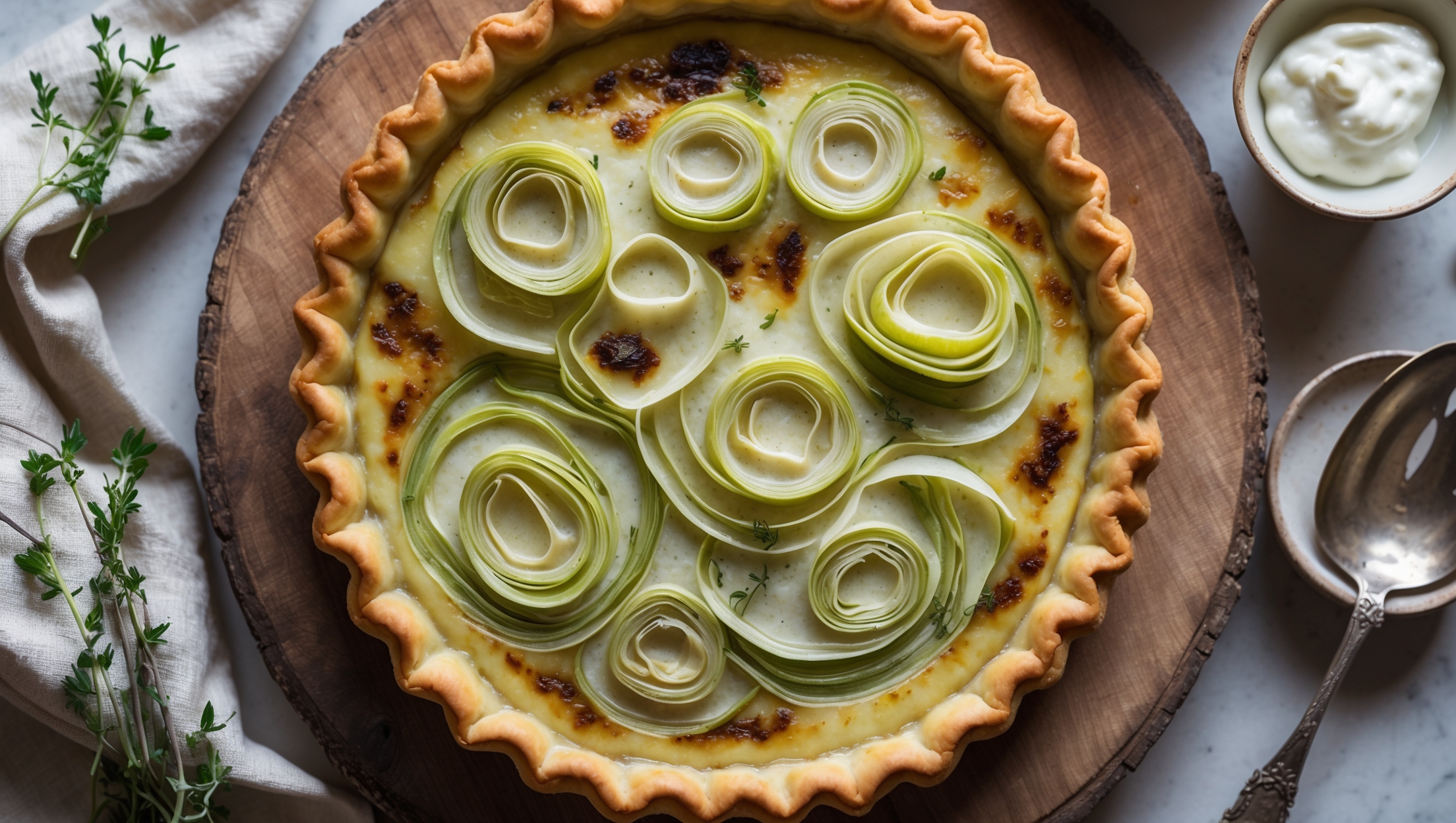 An overhead shot of a perfectly baked Leek and Gruyère Tart with a golden-brown shortcrust pastry edge, showcasing the creamy filling speckled with vibrant green leeks and pools of melted cheese. Soft natural light highlights the beautifully crimped edges and caramelized top surface with subtle browning spots. A cross-section reveals distinct layers of tender leeks nestled in the custard filling. The tart sits on a rustic wooden board alongside fresh thyme sprigs and a small bowl of crème fraîche, with a vintage linen napkin and antique silver server completing the composition.