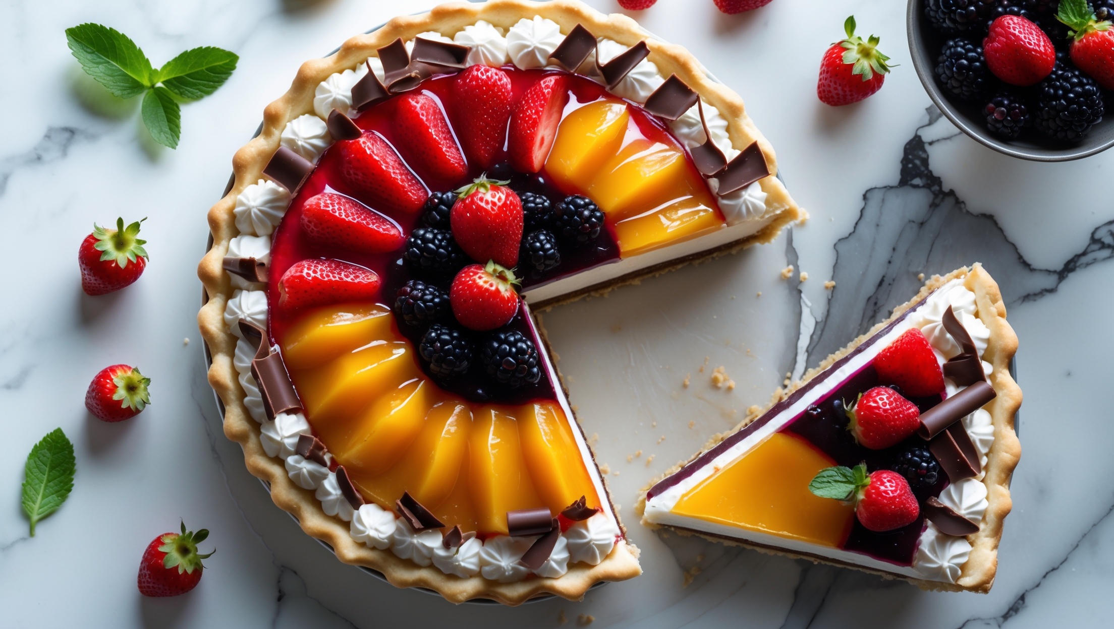 An overhead shot reveals the pristine surface of the pie with jewel-toned fruit gel layers—ruby red strawberry, golden mango, and deep purple blackberry—arranged in perfect concentric circles. A cross-section captures the distinct layers: the crisp golden pastry base, cloud-like diplomat cream center, and glossy fruit gels on top, all adorned with delicate tempered chocolate curls and shards. Soft natural light highlights the glossy finish of both the fruit gels and chocolate work, while a vintage cake stand elevates the presentation. Scattered fresh berries and mint leaves surround the pie, with a slice being lifted to showcase the clean, precise layers against a marble surface.