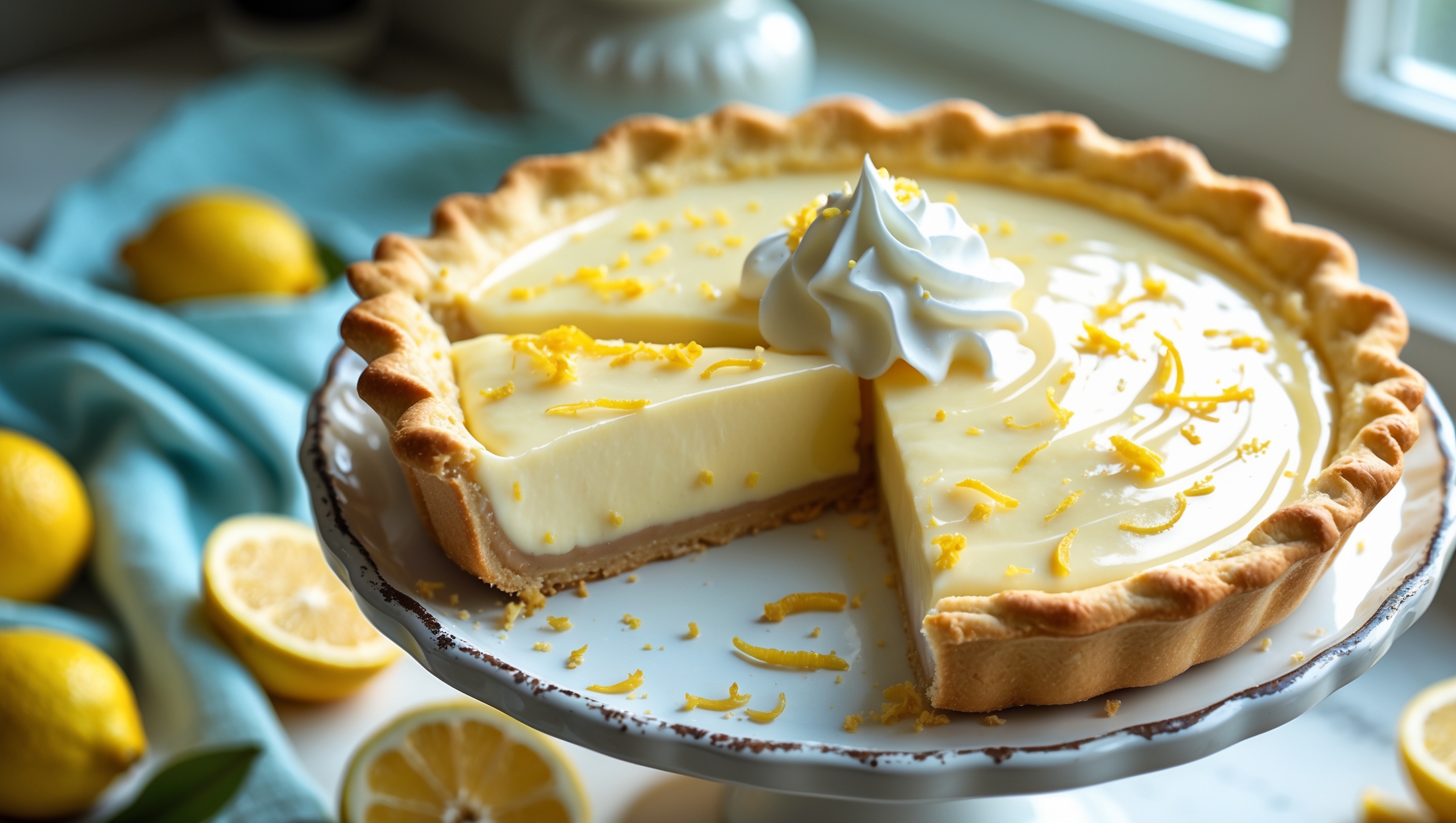 An overhead shot of a golden-crusted lemon cream pie with one slice being lifted to reveal the velvety, pale yellow filling that holds its shape perfectly. Captured in soft natural light streaming through a kitchen window, the pie sits on a vintage white ceramic stand against a pale blue linen. Close-up details show the contrast between the crumbly, buttery shortcrust and the smooth, glossy lemon filling topped with delicate peaks of freshly whipped cream. Scattered lemon zest and thin lemon slices garnish the surface, while a small bowl of fresh lemons sits nearby, creating a sunny, cheerful composition that emphasizes the pie's bright, refreshing appeal.